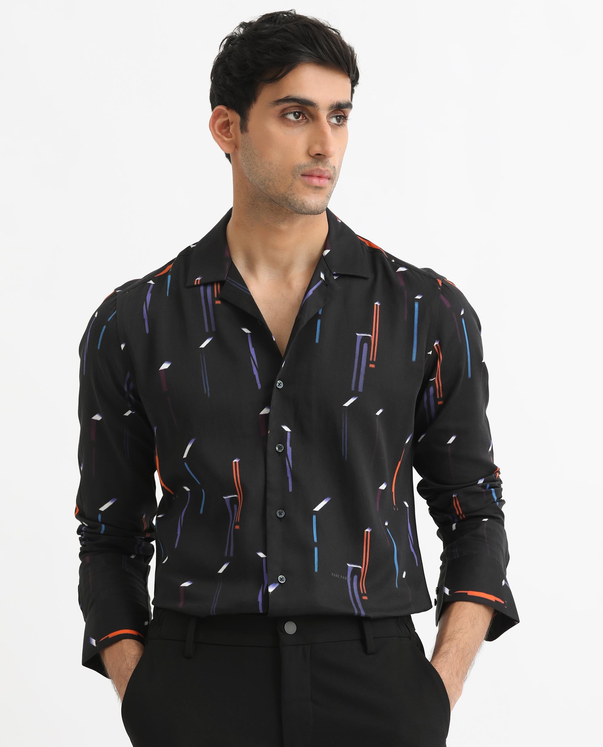 Rare Rabbit Men's Lexa Black Shirt Cotton Modal Fabric Cuban Collar Abstract Print Full Sleeves Shirt