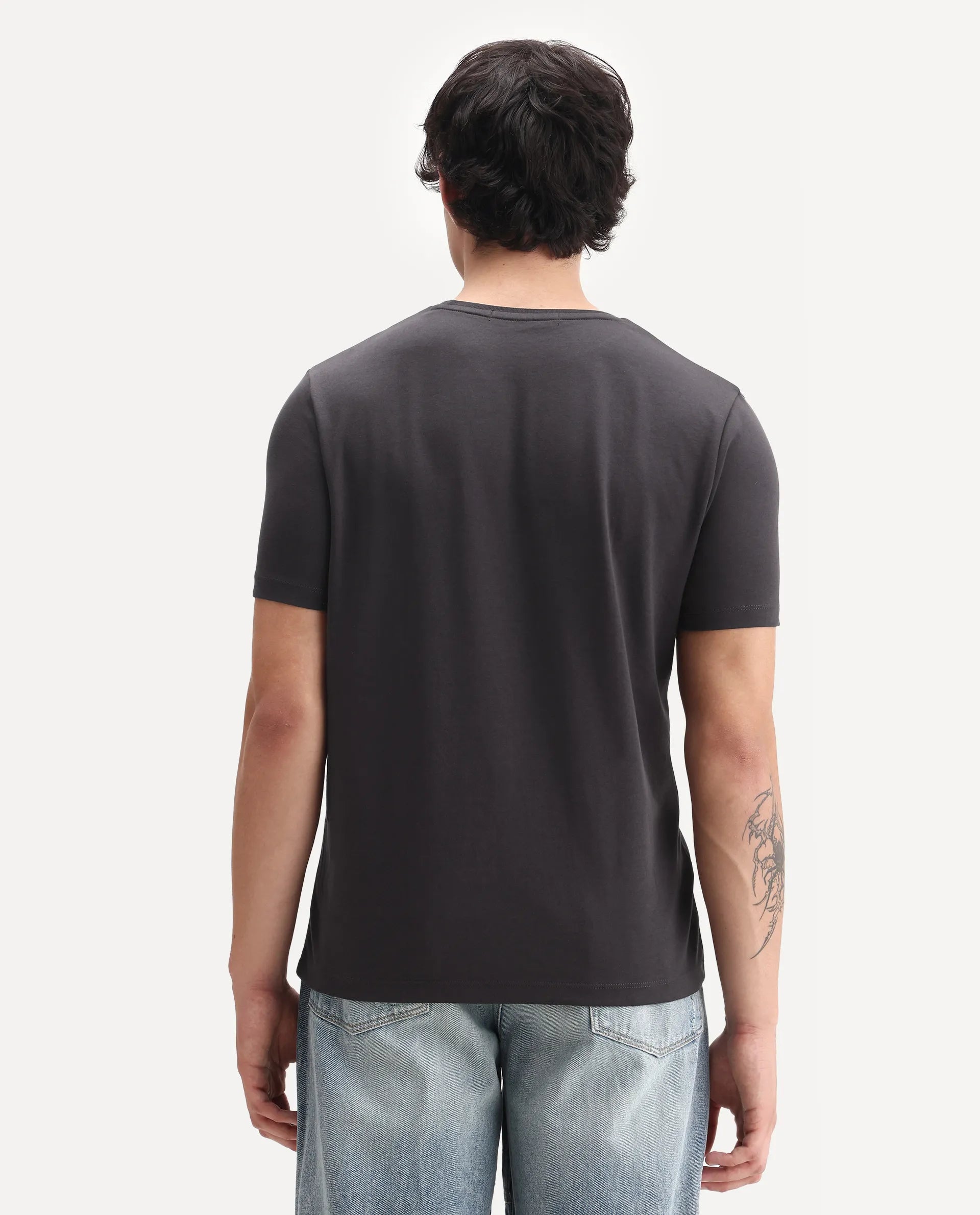 Rare Rabbit Men's Lex Dark Grey Cotton Embroidered Oversized Fit Half Sleeve Crew Neck T-Shirt