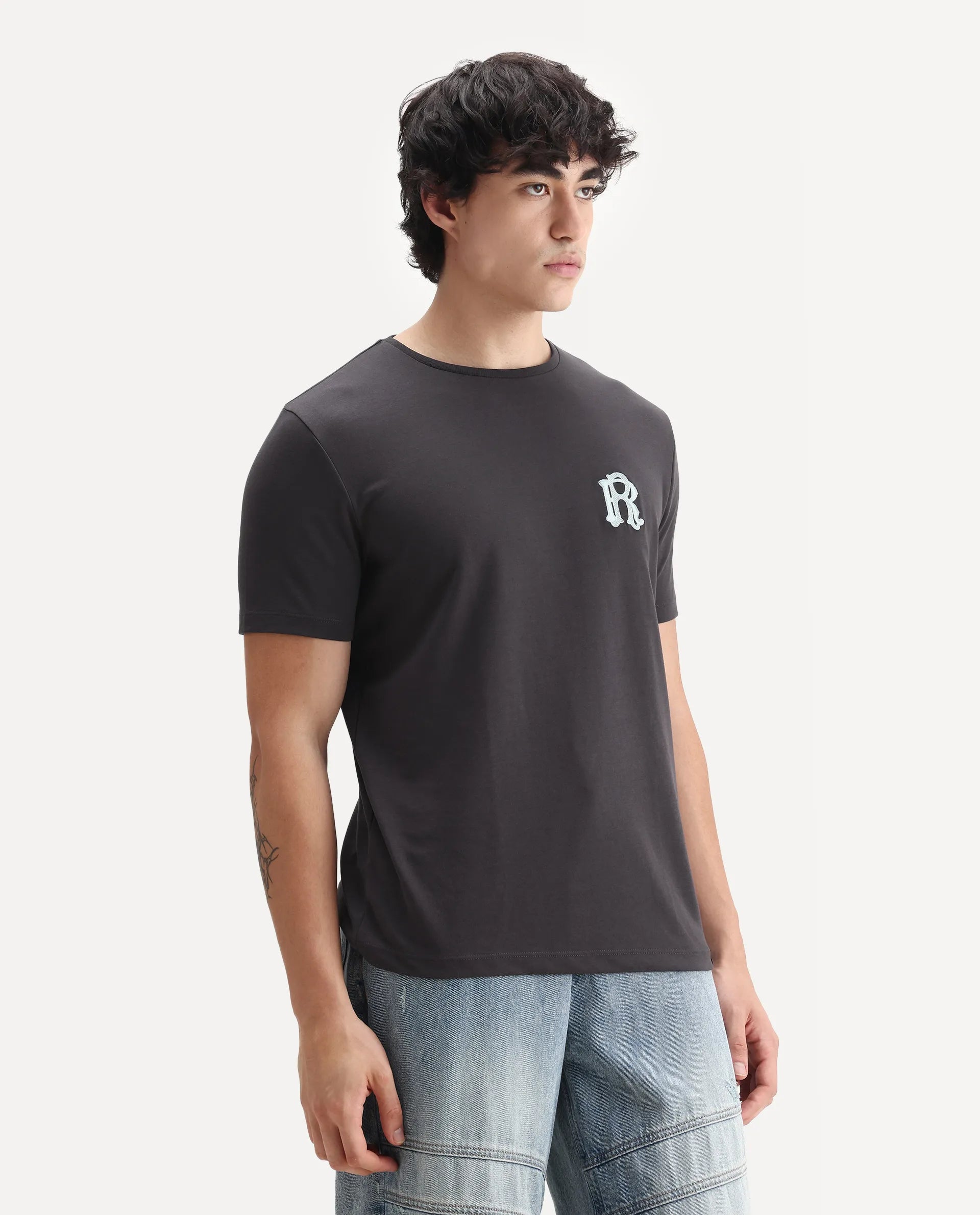 Rare Rabbit Men's Lex Dark Grey Cotton Embroidered Oversized Fit Half Sleeve Crew Neck T-Shirt