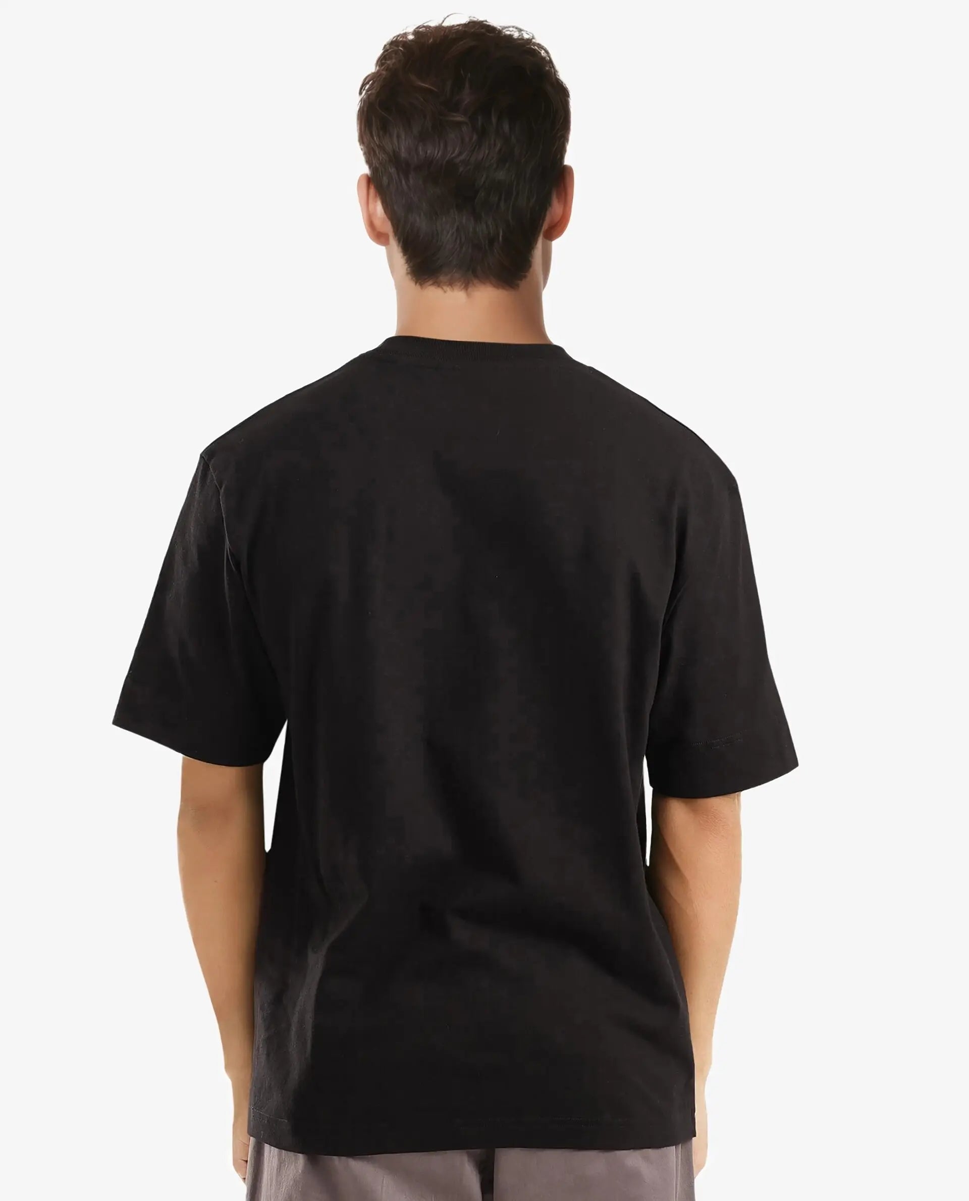 Rare Rabbit Men Lexel Black Cotton Lycra Short Sleeve Crew Neck Oversized Fit Stud Logo T-Shirt