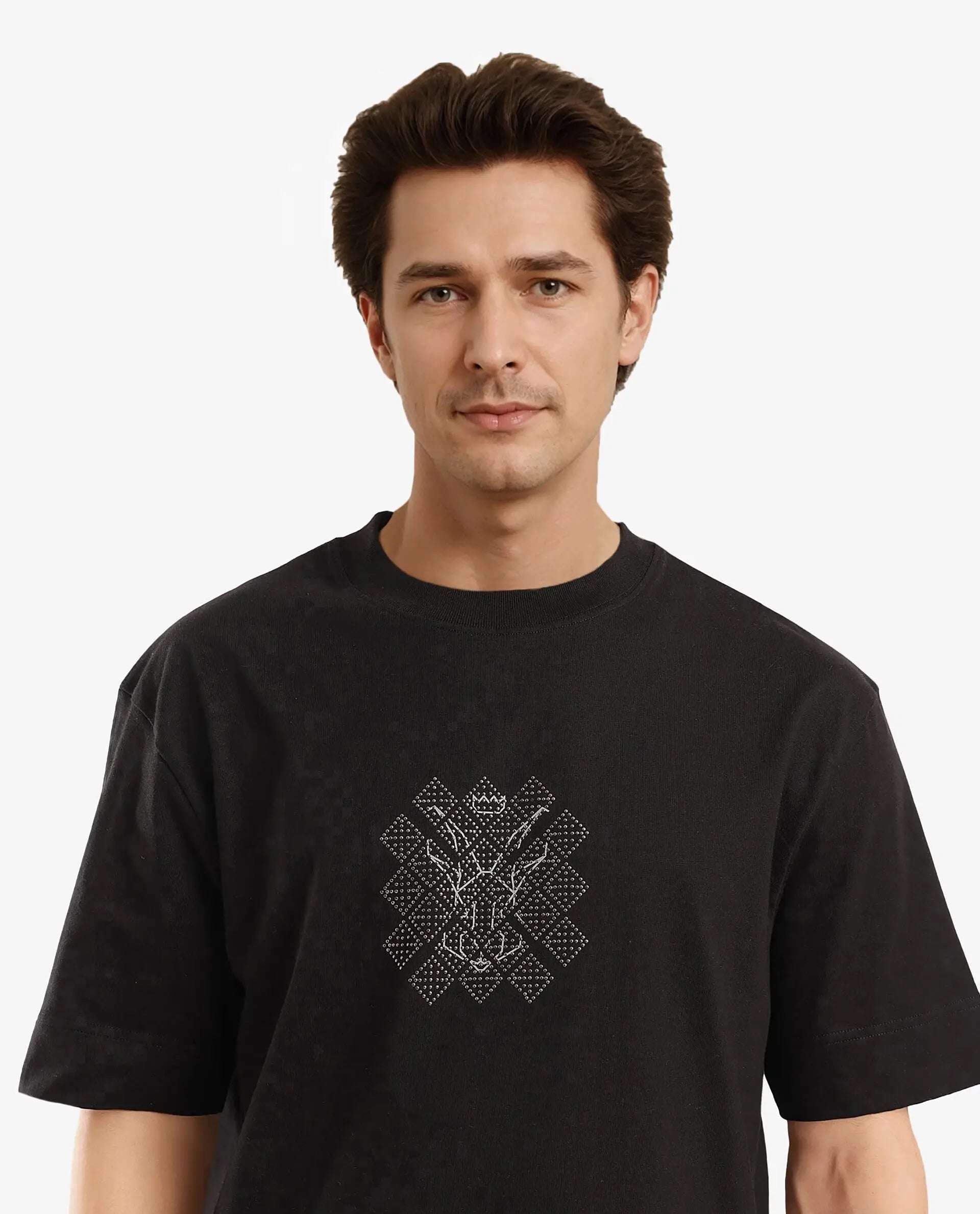 Rare Rabbit Men Lexel Black Cotton Lycra Short Sleeve Crew Neck Oversized Fit Stud Logo T-Shirt