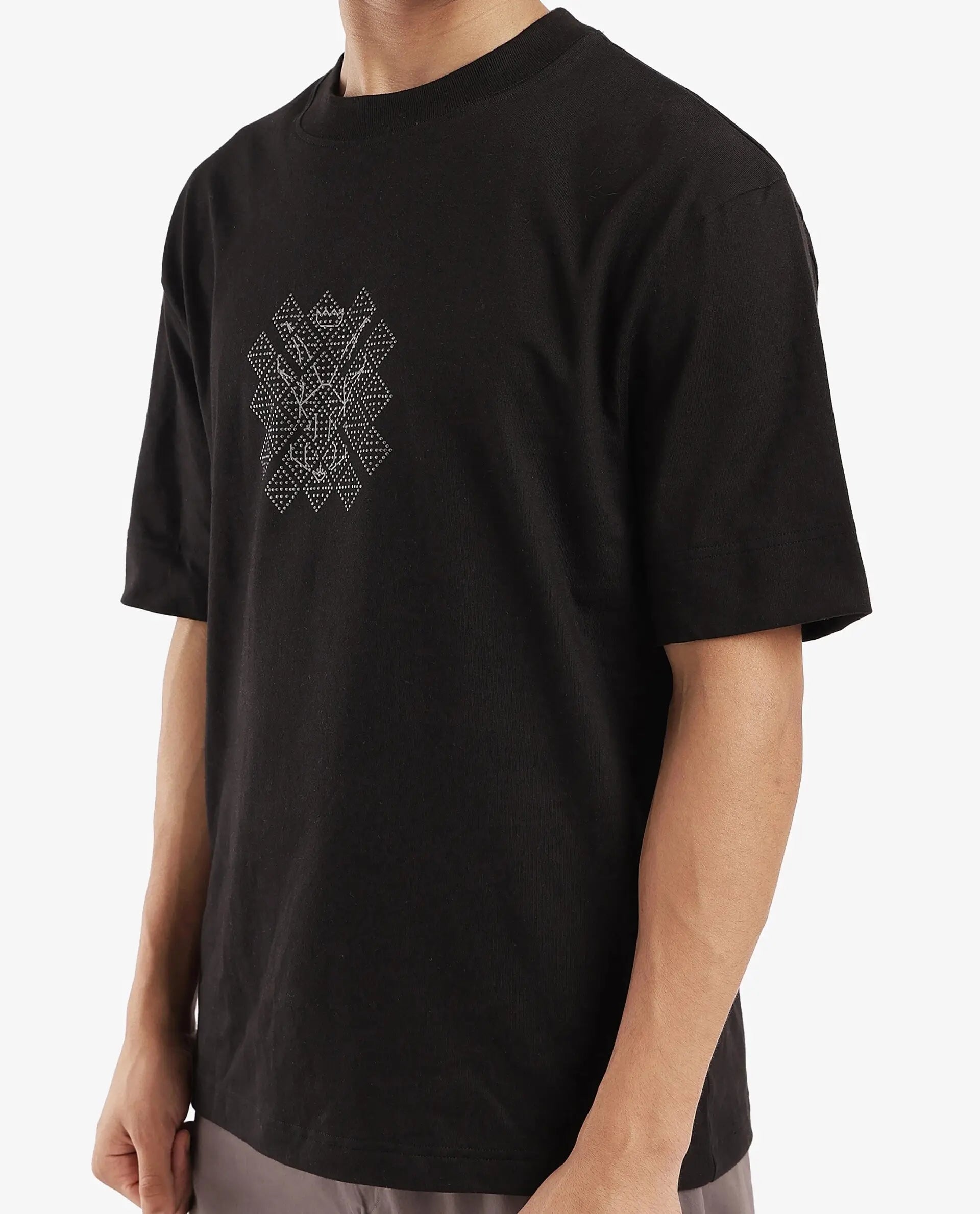 Rare Rabbit Men Lexel Black Cotton Lycra Short Sleeve Crew Neck Oversized Fit Stud Logo T-Shirt