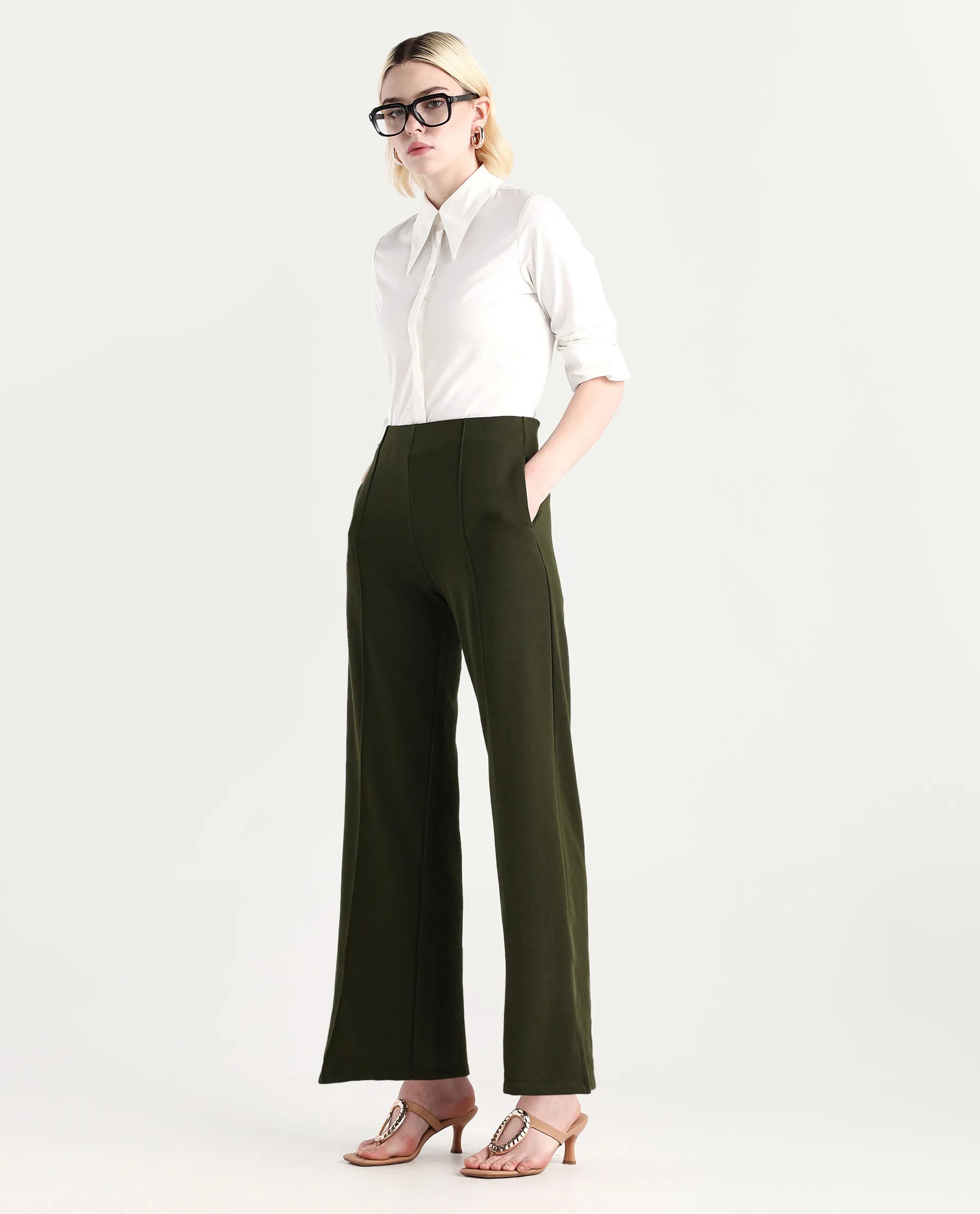 Rareism Women's Lexi Dark Olive Cotton Blend Straight Fit Track Pant