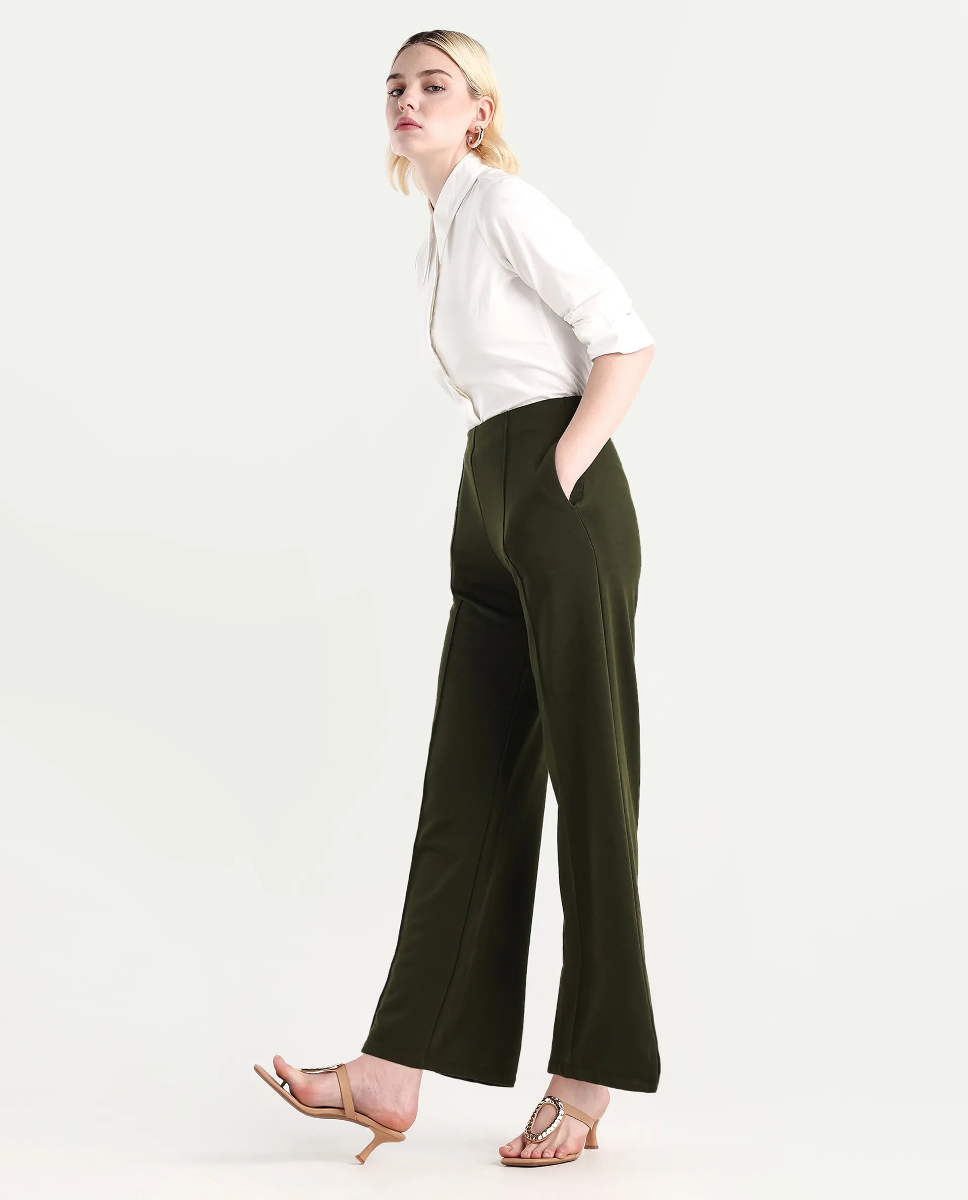 Rareism Women's Lexi Dark Olive Cotton Blend Straight Fit Track Pant