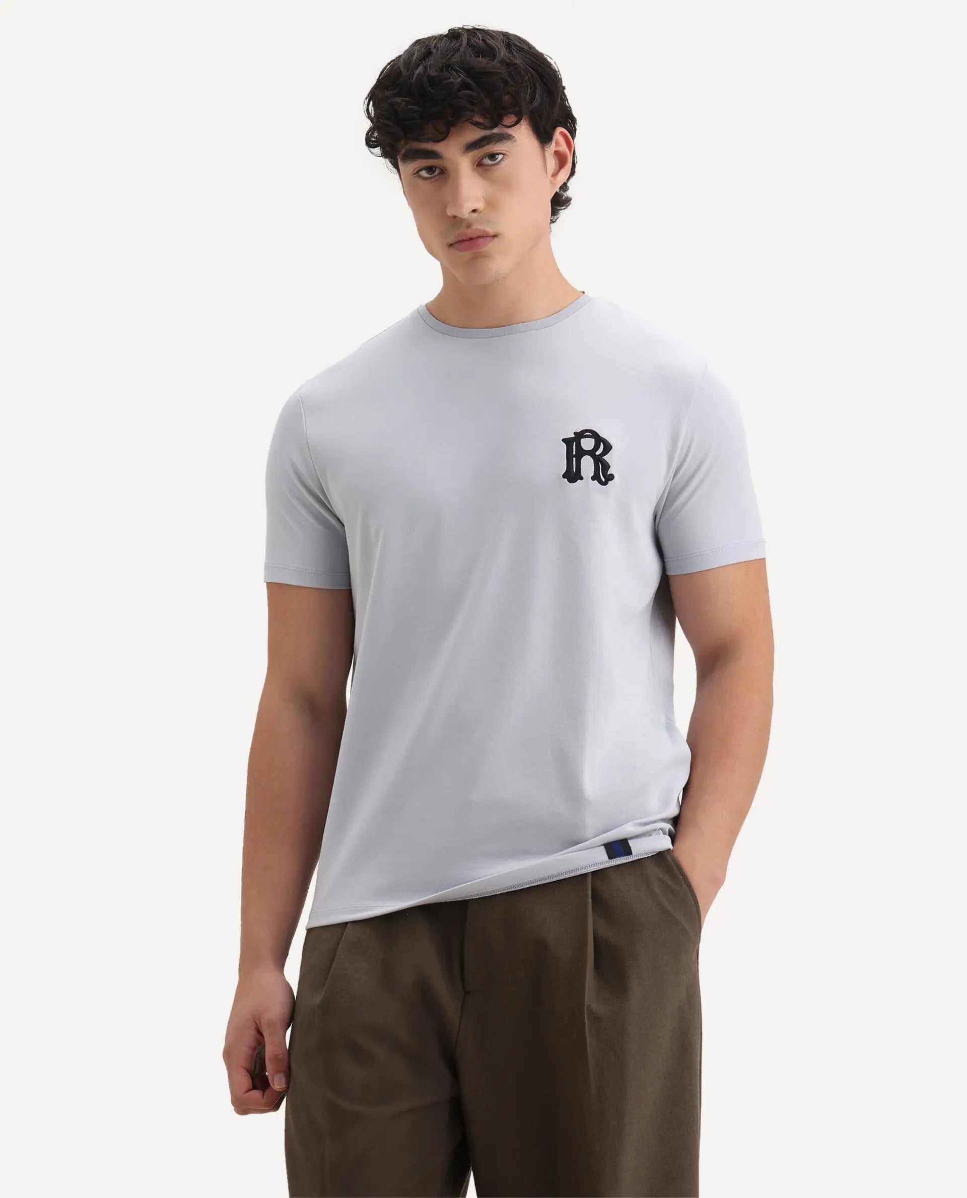 Rare Rabbit Men's Lex Light Grey Cotton Embroidered Oversized Fit Half Sleeve Crew Neck T-Shirt