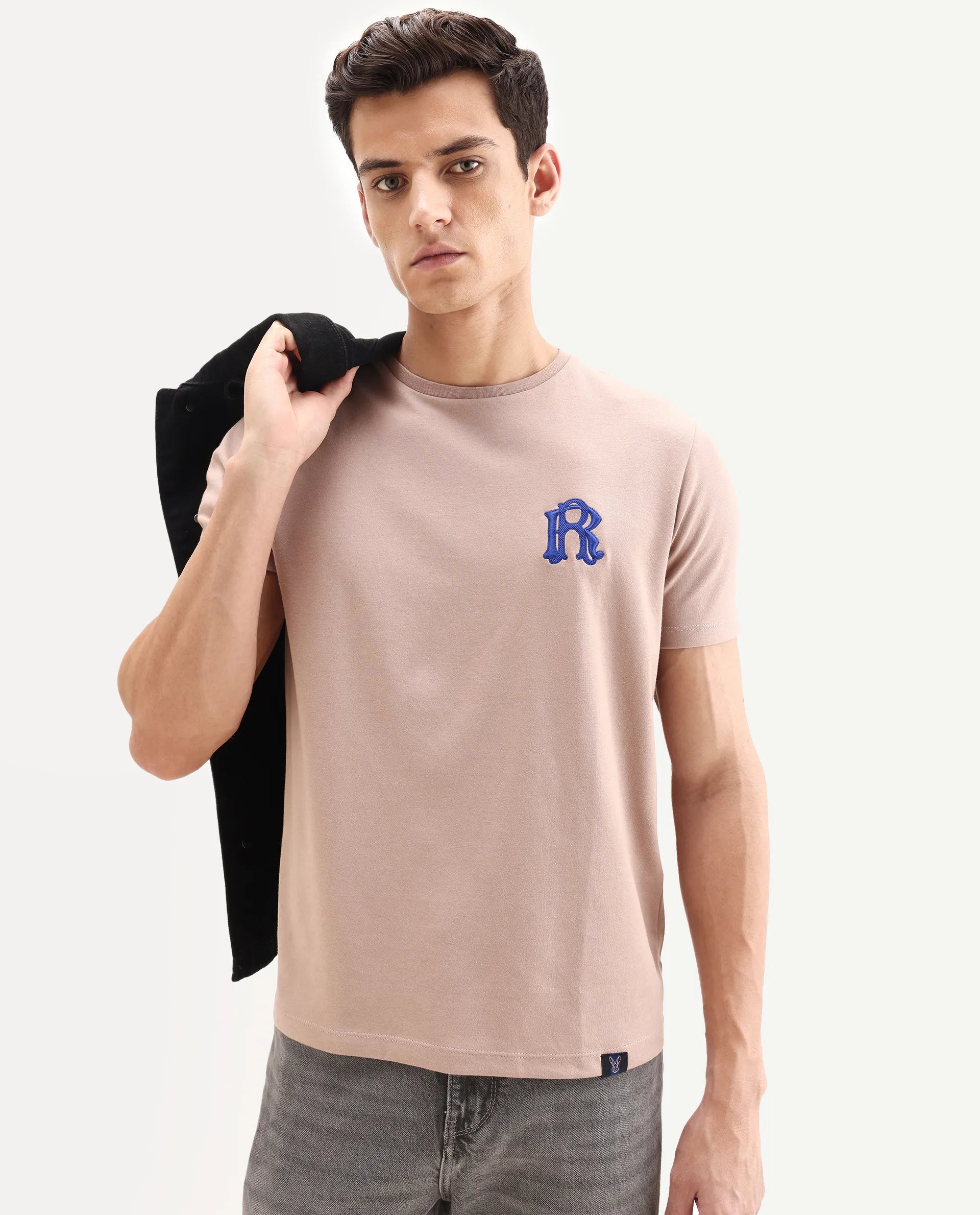 Rare Rabbit Men's Lex Pastel Pink Cotton Blend Embroidered Oversized Fit Half Sleeve Crew Neck T-Shirt