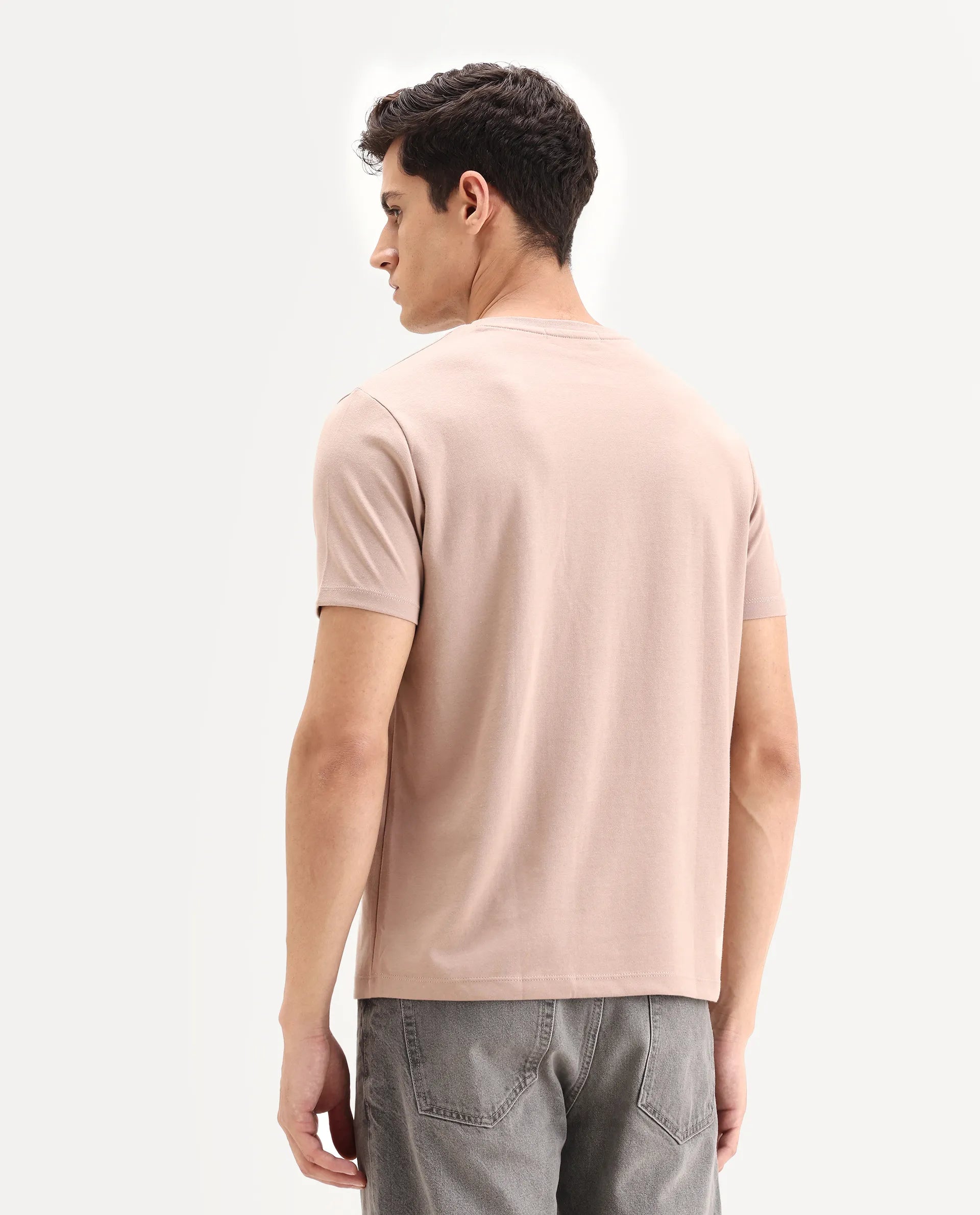 Rare Rabbit Men's Lex Pastel Pink Cotton Blend Embroidered Oversized Fit Half Sleeve Crew Neck T-Shirt