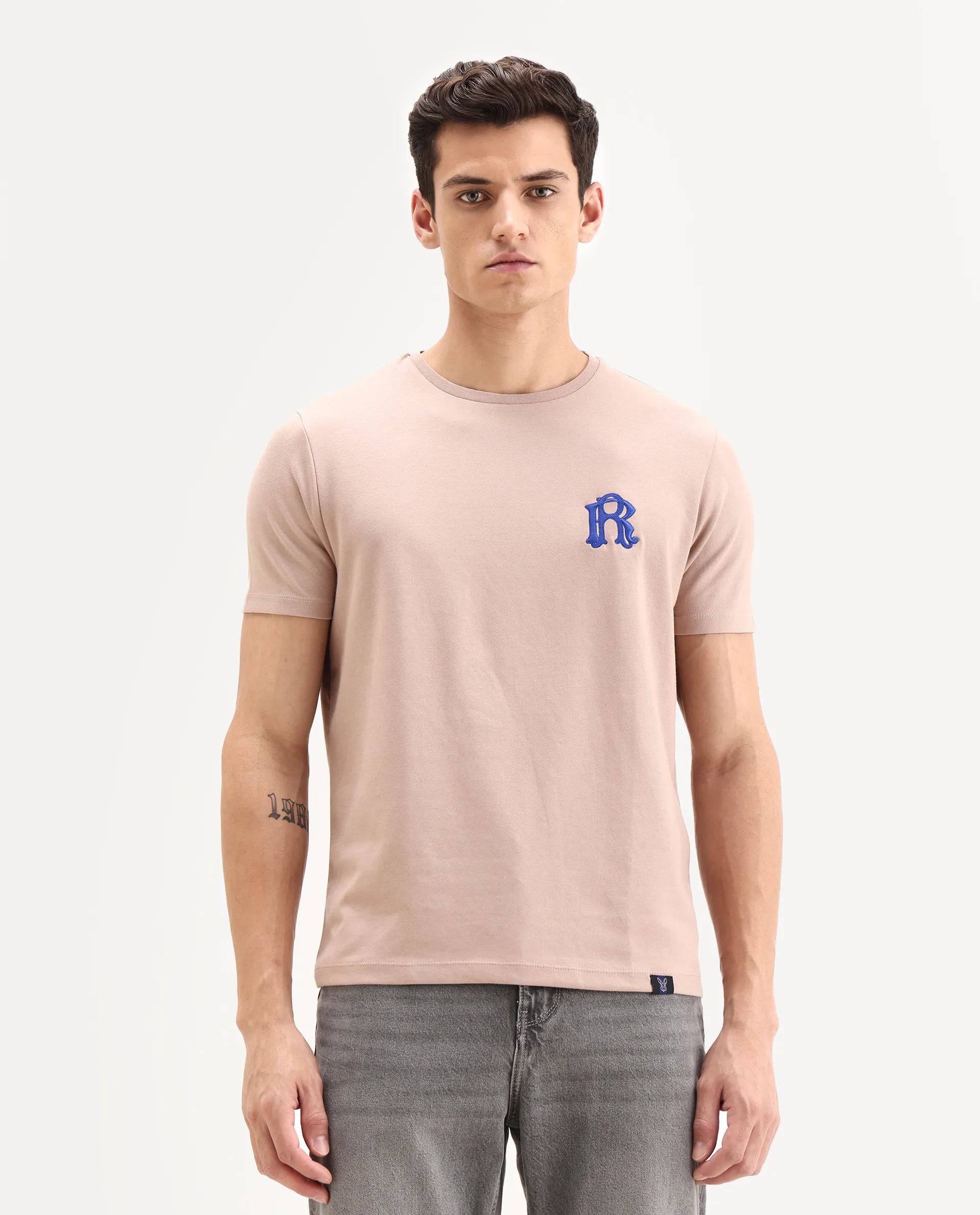 Rare Rabbit Men's Lex Pastel Pink Cotton Blend Embroidered Oversized Fit Half Sleeve Crew Neck T-Shirt