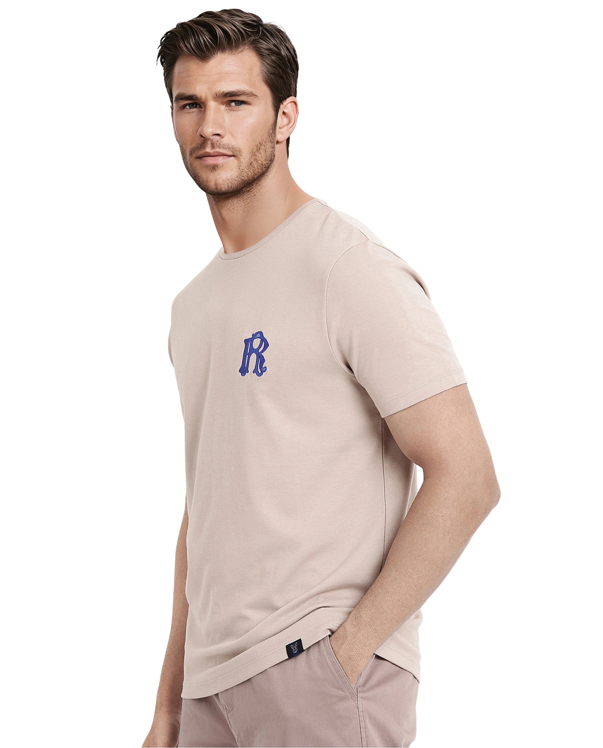 Rare Rabbit Men Lex Pastel Pink Cotton Polyester Fabric Short Sleeve Crew Neck Embroidery T-Shirt