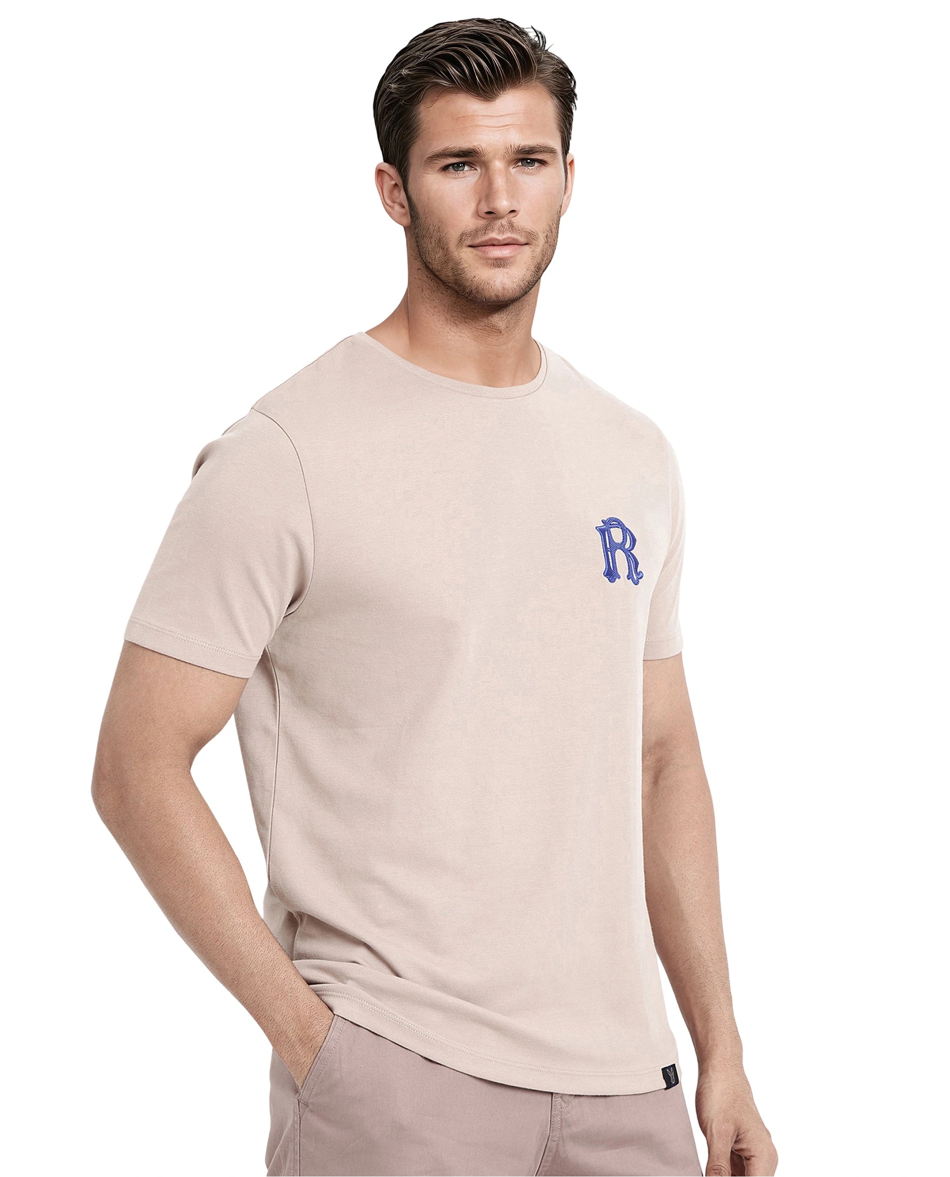 Rare Rabbit Men Lex Pastel Pink Cotton Polyester Fabric Short Sleeve Crew Neck Embroidery T-Shirt