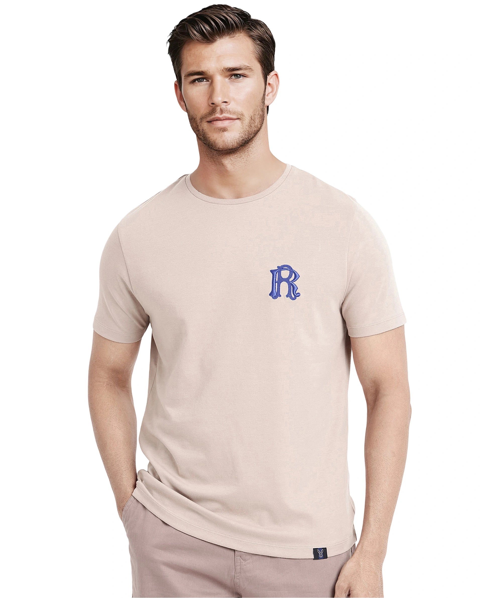 Rare Rabbit Men Lex Pastel Pink Cotton Polyester Fabric Short Sleeve Crew Neck Embroidery T-Shirt