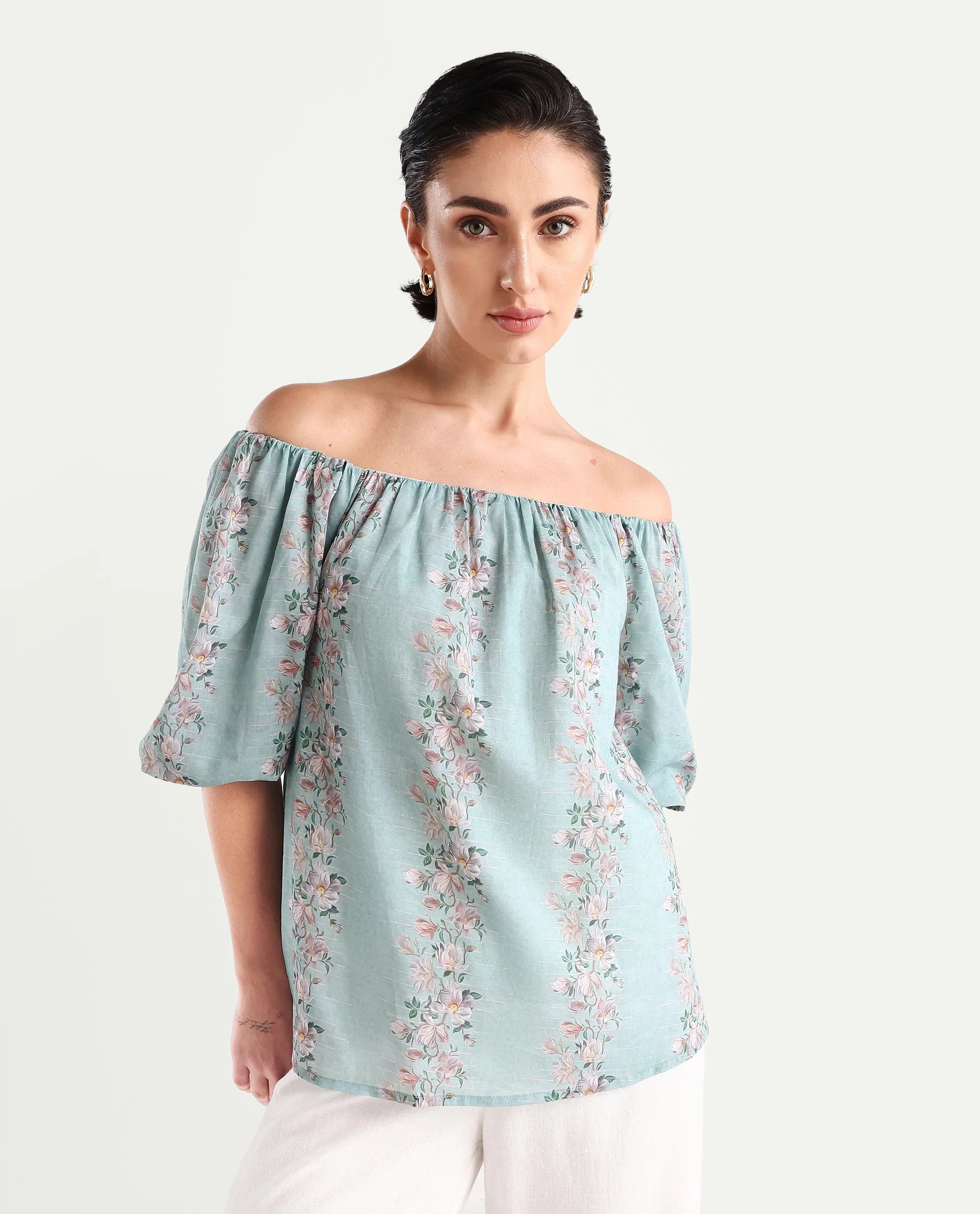 Rareism Women's Leyan Dusky Blue Viscose Blend Square Neck Floral Print Balloon Sleeve Relaxed Fit Top