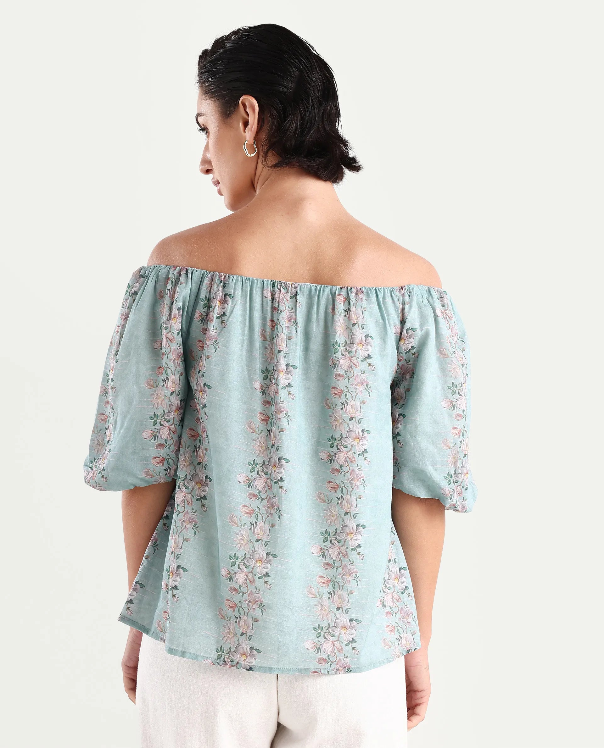 Rareism Women's Leyan Dusky Blue Viscose Blend Square Neck Floral Print Balloon Sleeve Relaxed Fit Top