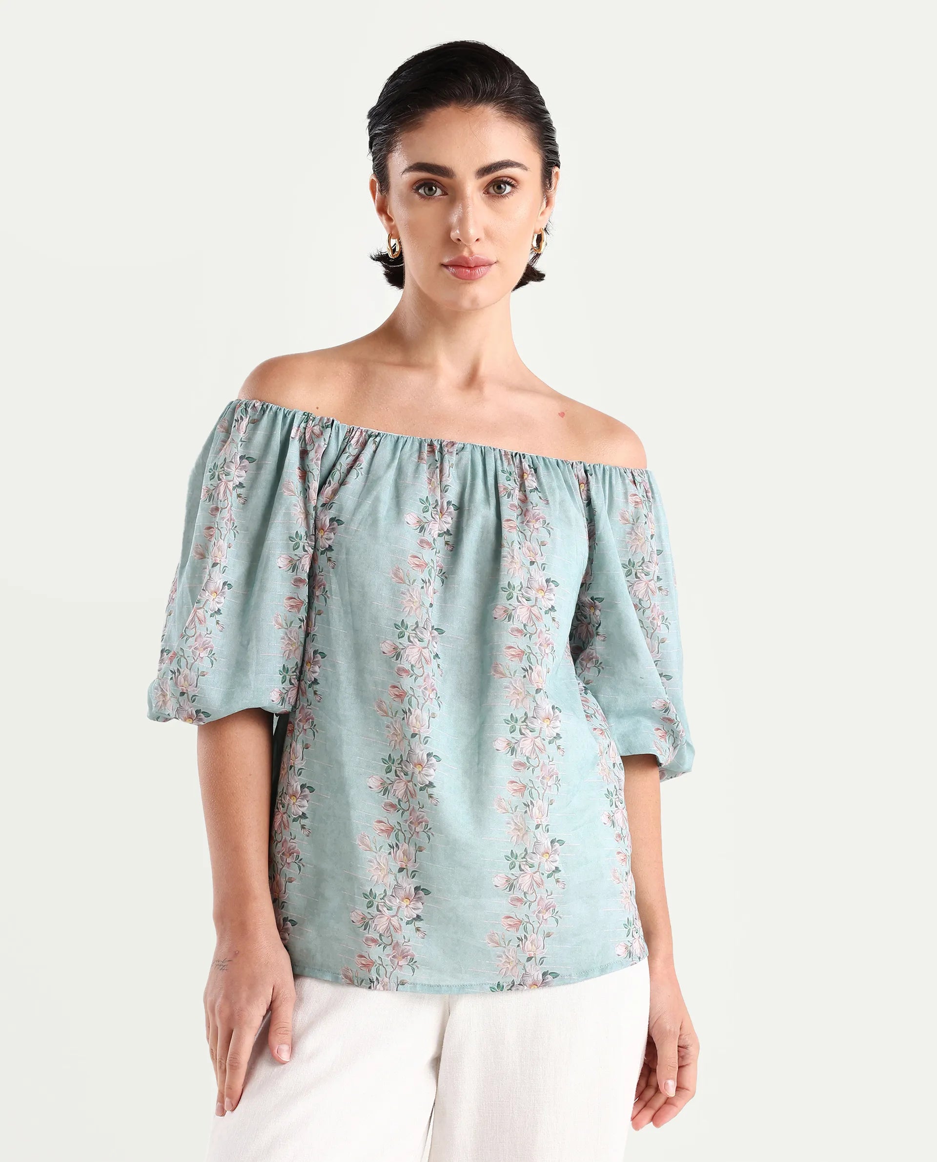 Rareism Women's Leyan Dusky Blue Viscose Blend Square Neck Floral Print Balloon Sleeve Relaxed Fit Top