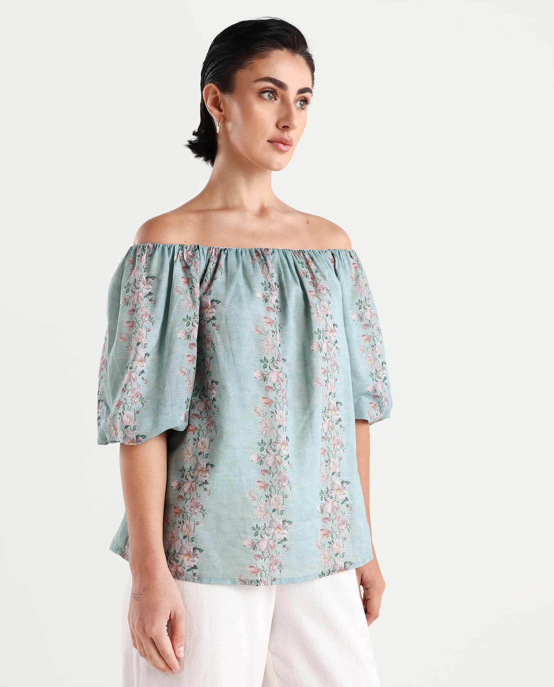 Rareism Women's Leyan Dusky Blue Viscose Blend Square Neck Floral Print Balloon Sleeve Relaxed Fit Top
