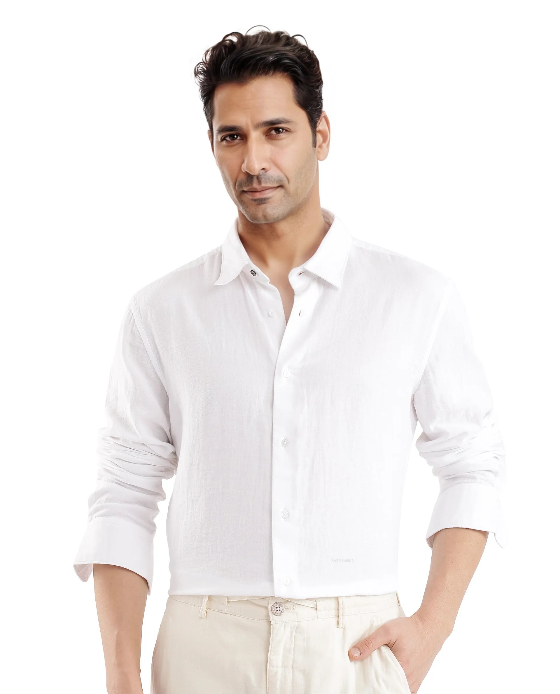 Rare Rabbit Men Layerr Ls-25 White Cotton Fabric Full Sleeve Collared Neck Button Closure Plain Shirt