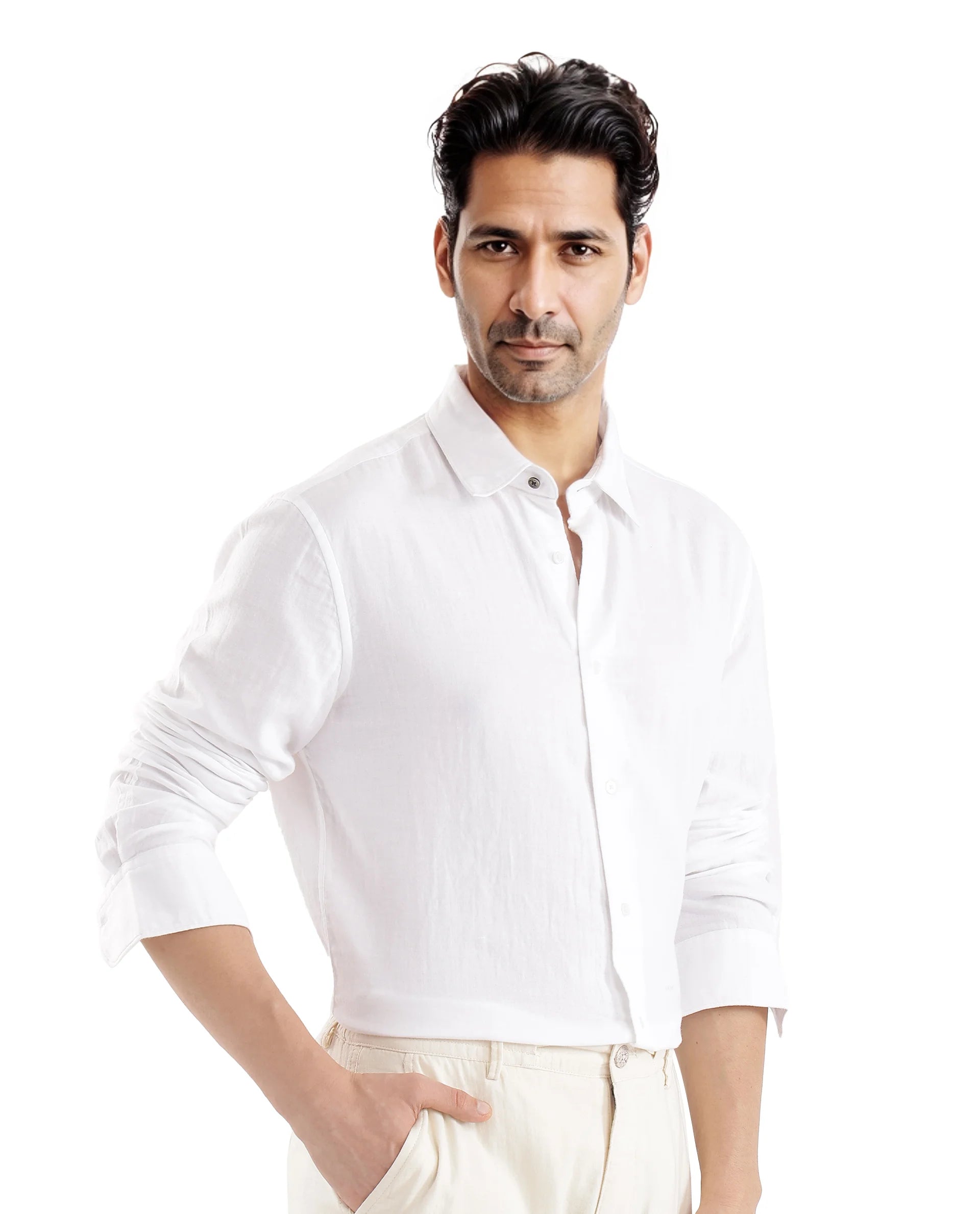 Rare Rabbit Men Layerr Ls-25 White Cotton Fabric Full Sleeve Collared Neck Button Closure Plain Shirt