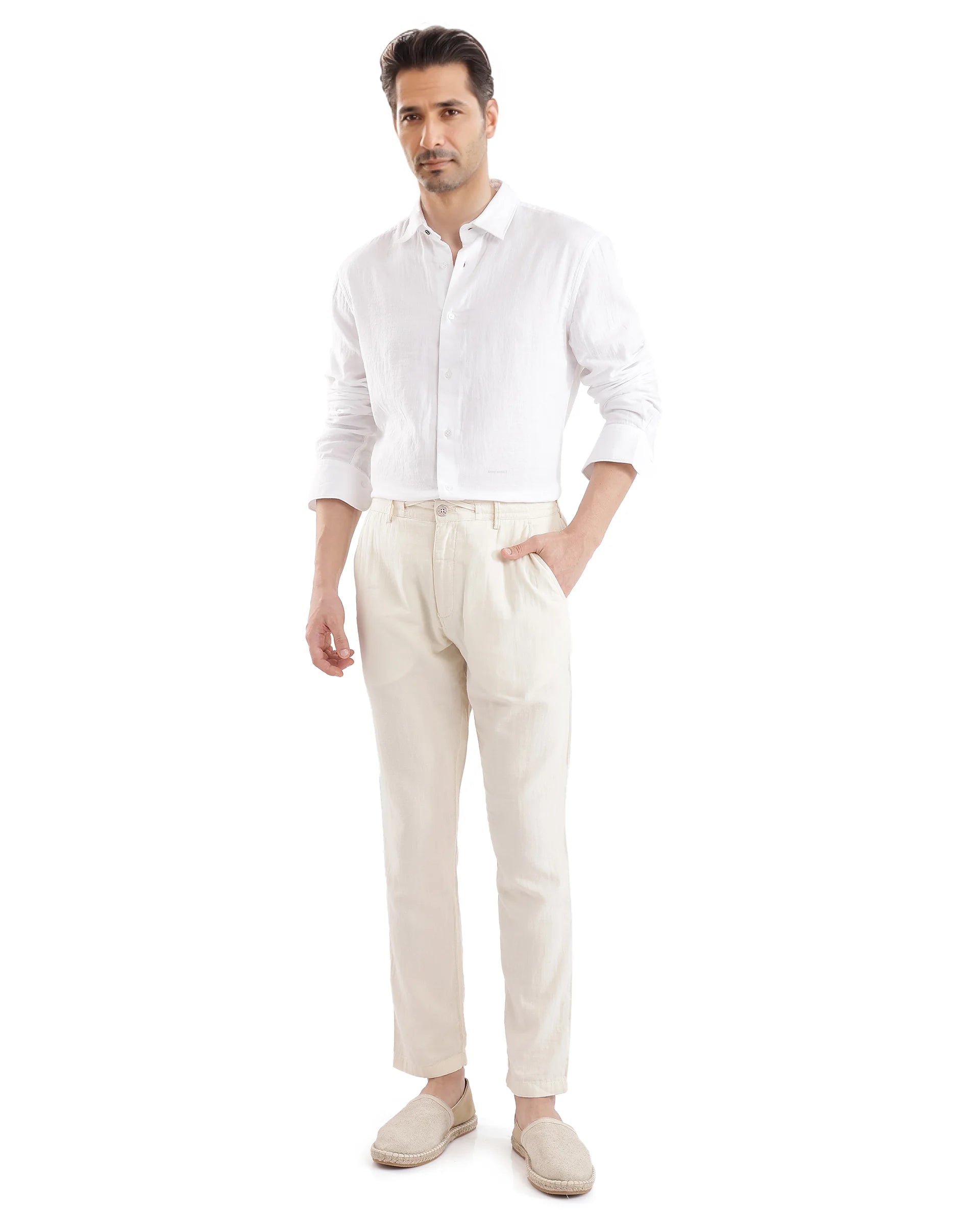 Rare Rabbit Men Layerr Ls-25 White Cotton Fabric Full Sleeve Collared Neck Button Closure Plain Shirt