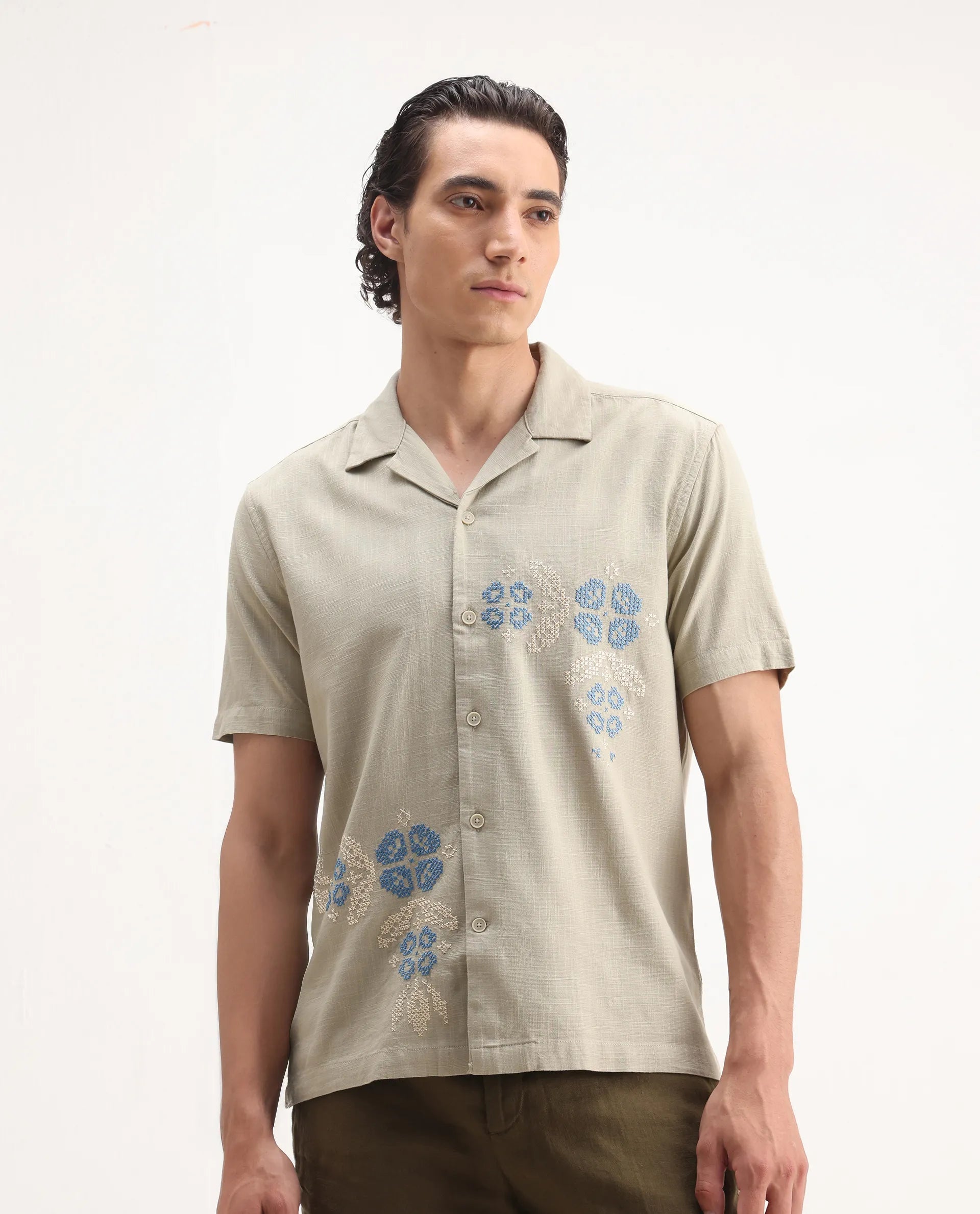 Rare Rabbit Men's Liam Olive Cotton Blend Embroidered Boxy Fit Half Sleeve Cuban Collar Shirt
