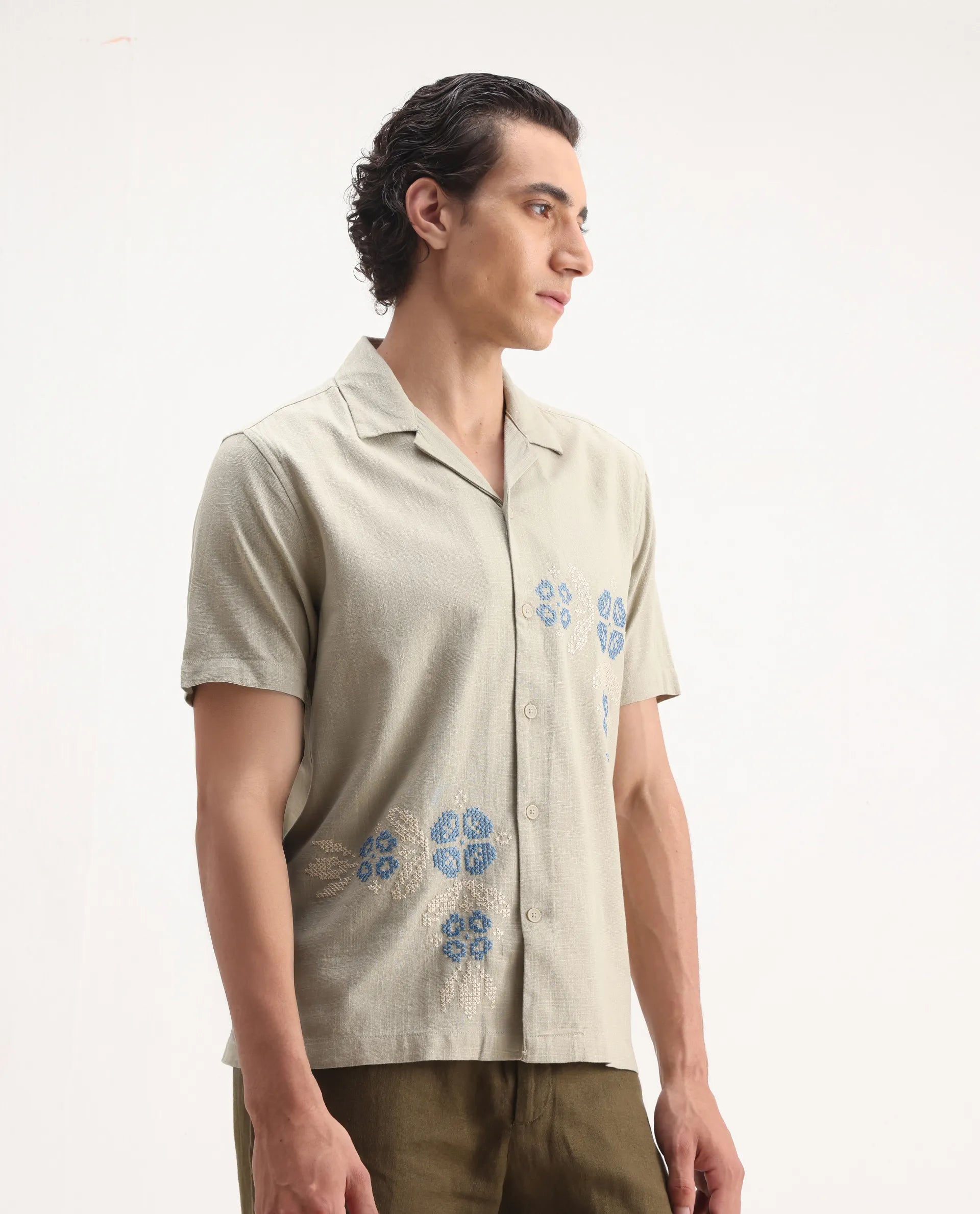 Rare Rabbit Men's Liam Olive Cotton Blend Embroidered Boxy Fit Half Sleeve Cuban Collar Shirt