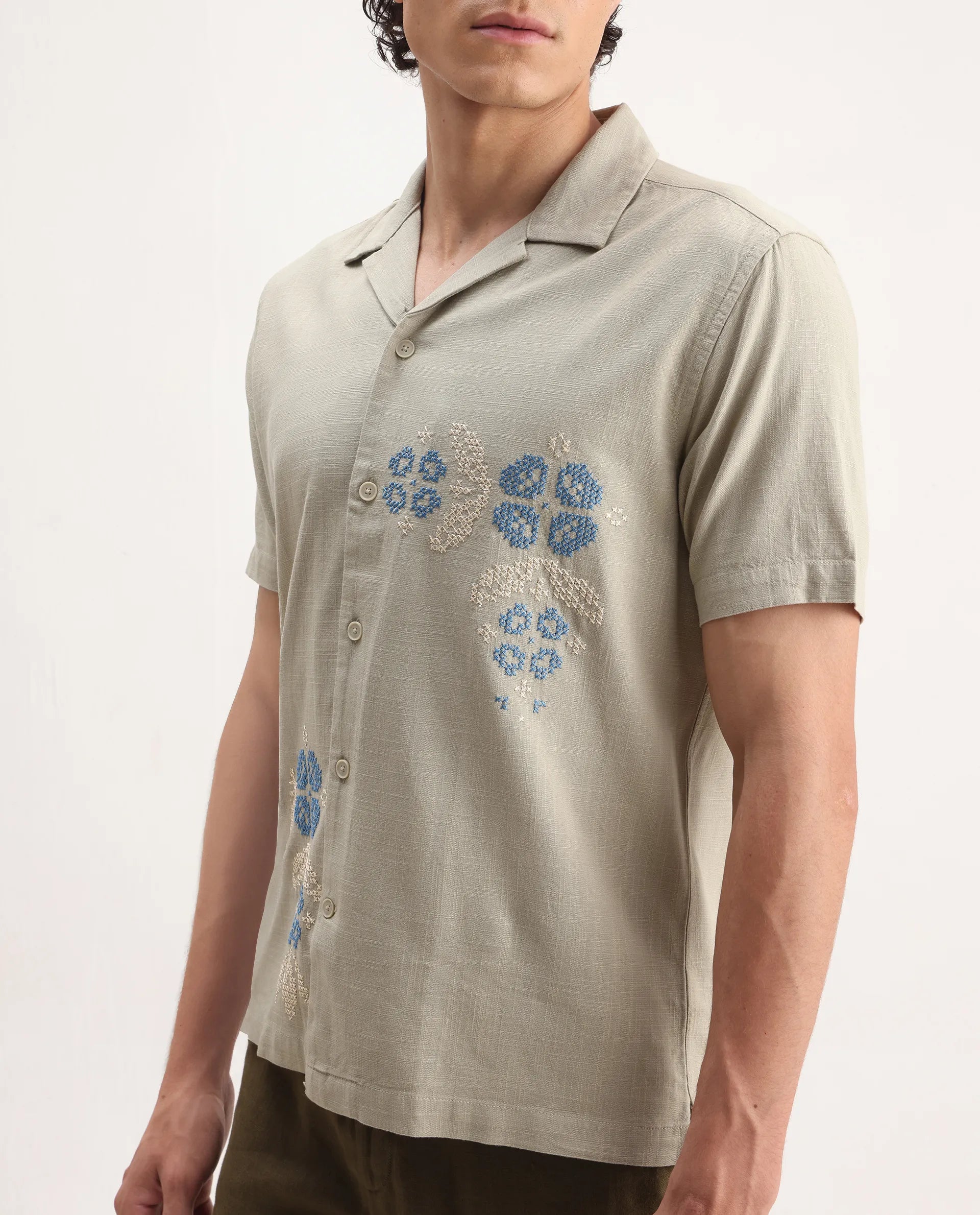 Rare Rabbit Men's Liam Olive Cotton Blend Embroidered Boxy Fit Half Sleeve Cuban Collar Shirt