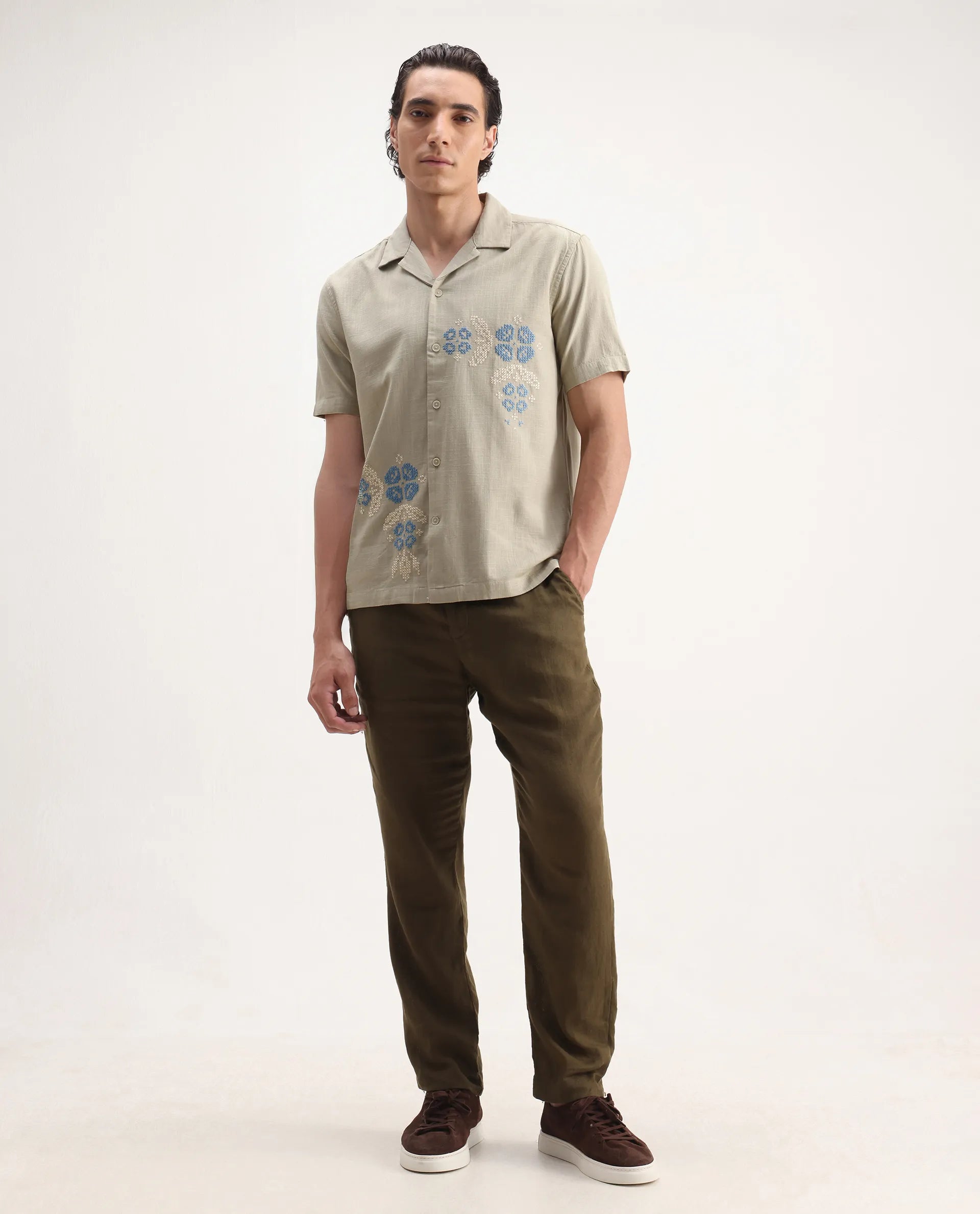 Rare Rabbit Men's Liam Olive Cotton Blend Embroidered Boxy Fit Half Sl