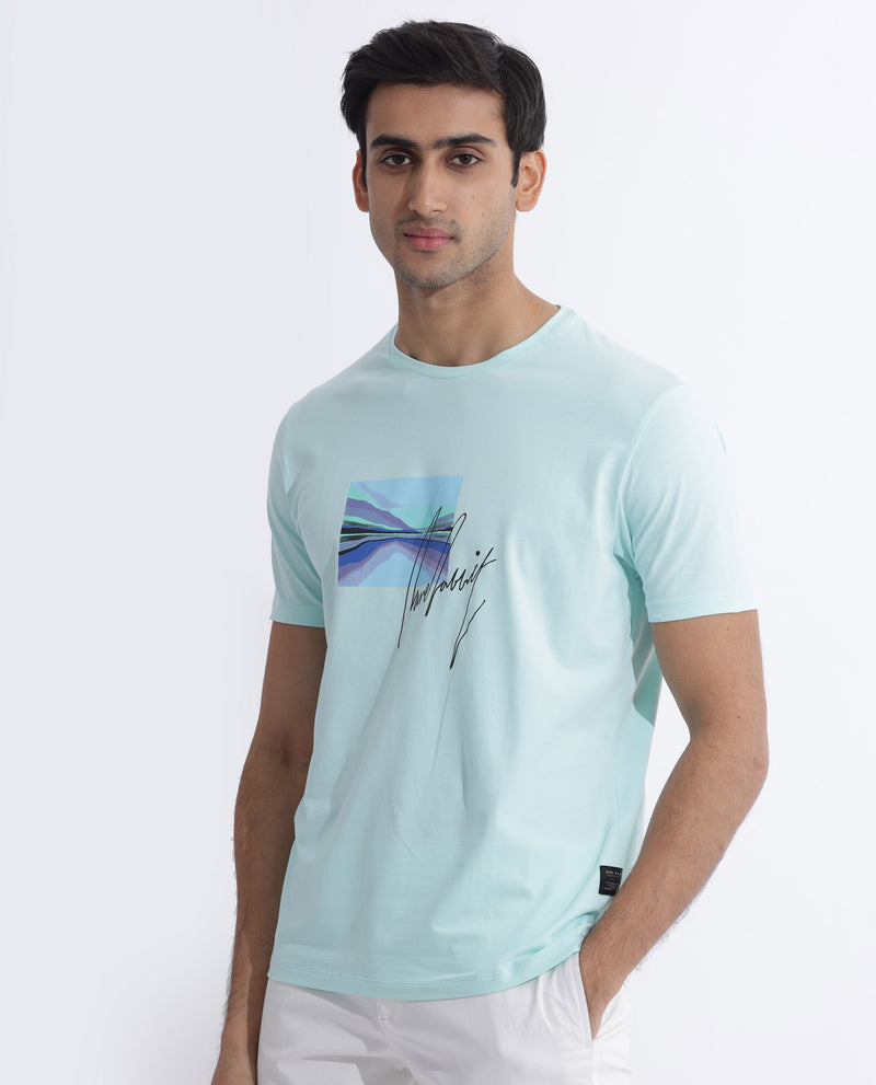 Rare Rabbit Men's Libro Light Blue Crew Neck With Discharge Print Graphic And Signature Half Sleeves Slim Fit T-Shirt