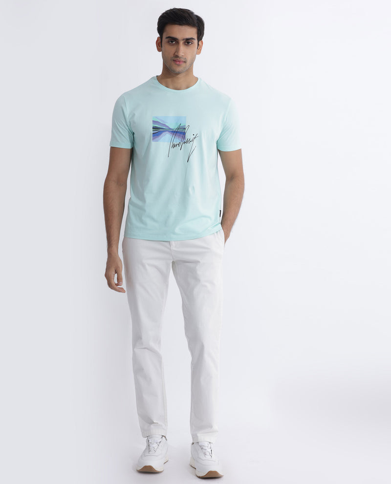 Rare Rabbit Men's Libro Light Blue Crew Neck With Discharge Print Graphic And Signature Half Sleeves Slim Fit T-Shirt