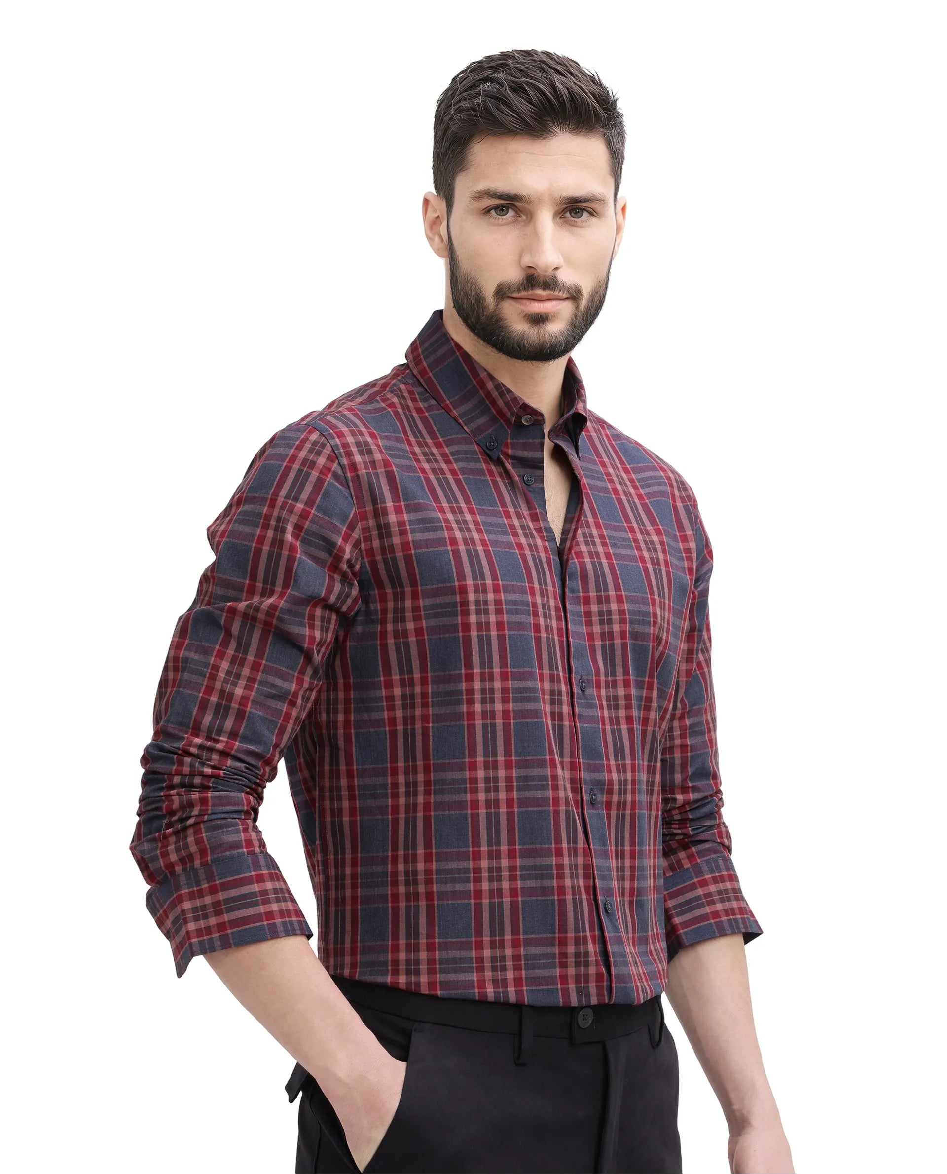 Rare Rabbit Men's Libya Red Cotton Fabric Full Sleeve Regular Collar Checks Shirt