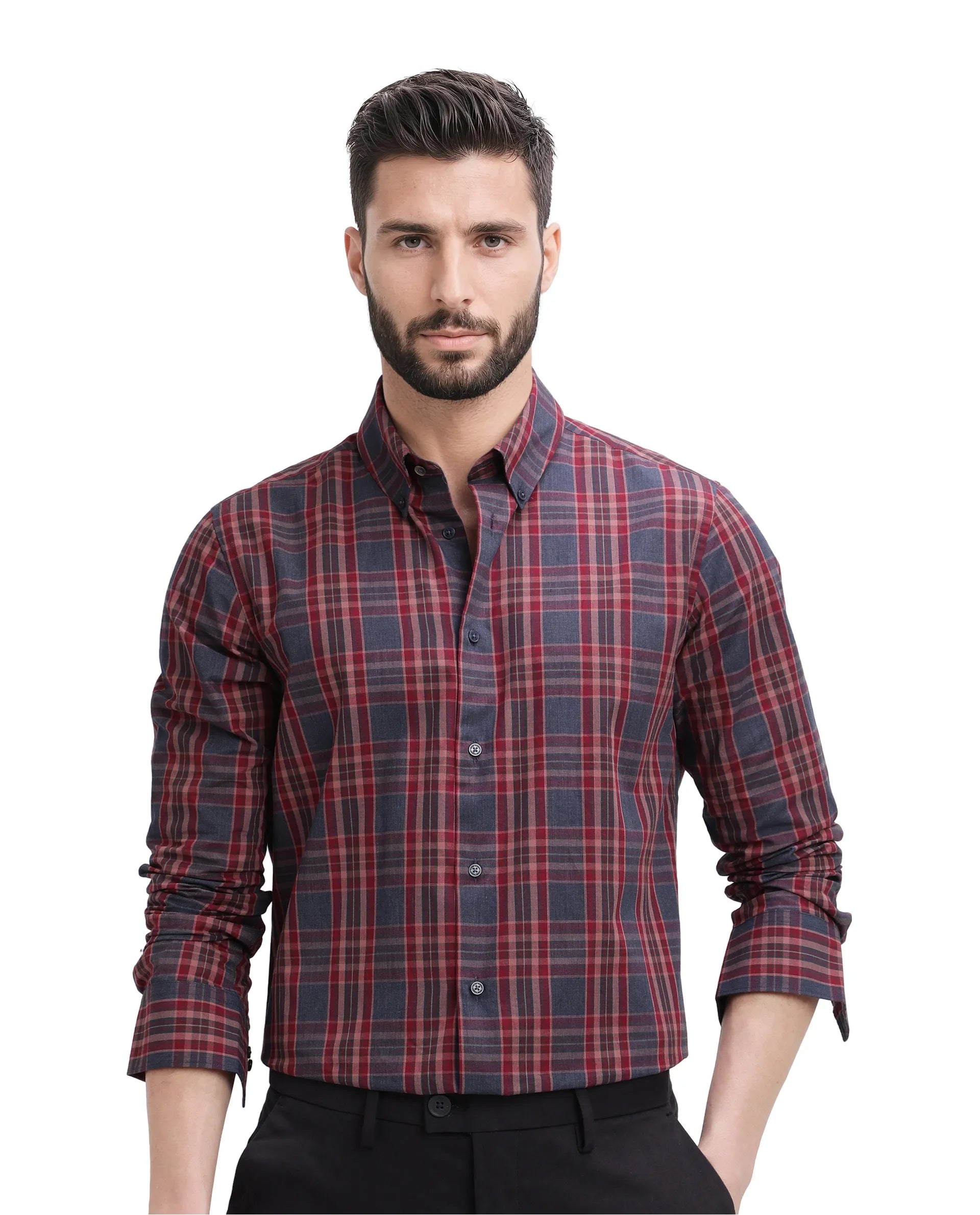 Rare Rabbit Men's Libya Red Cotton Fabric Full Sleeve Regular Collar Checks Shirt