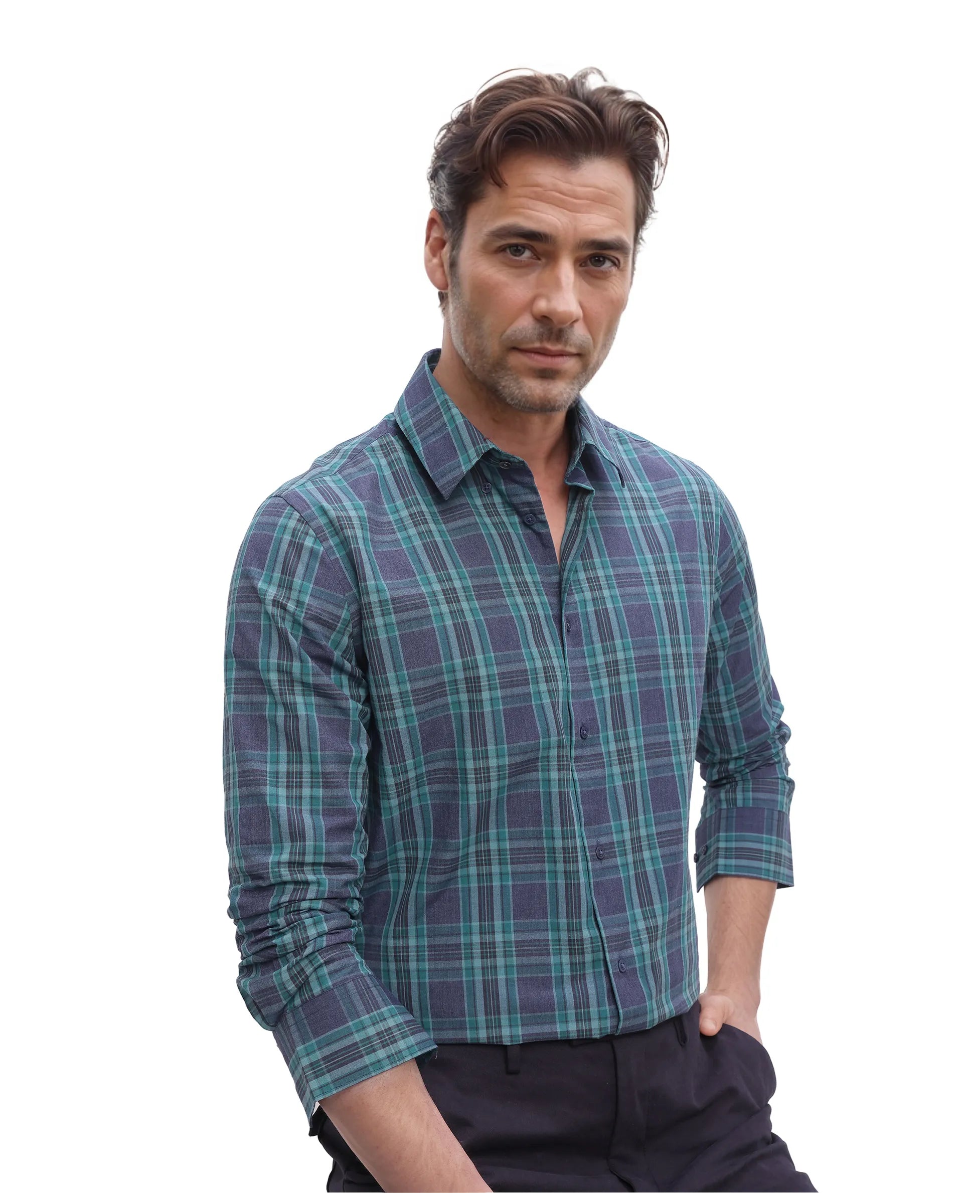 Rare Rabbit Men's Libya Turq Cotton Fabric Full Sleeve Regular Collar Checks Shirt