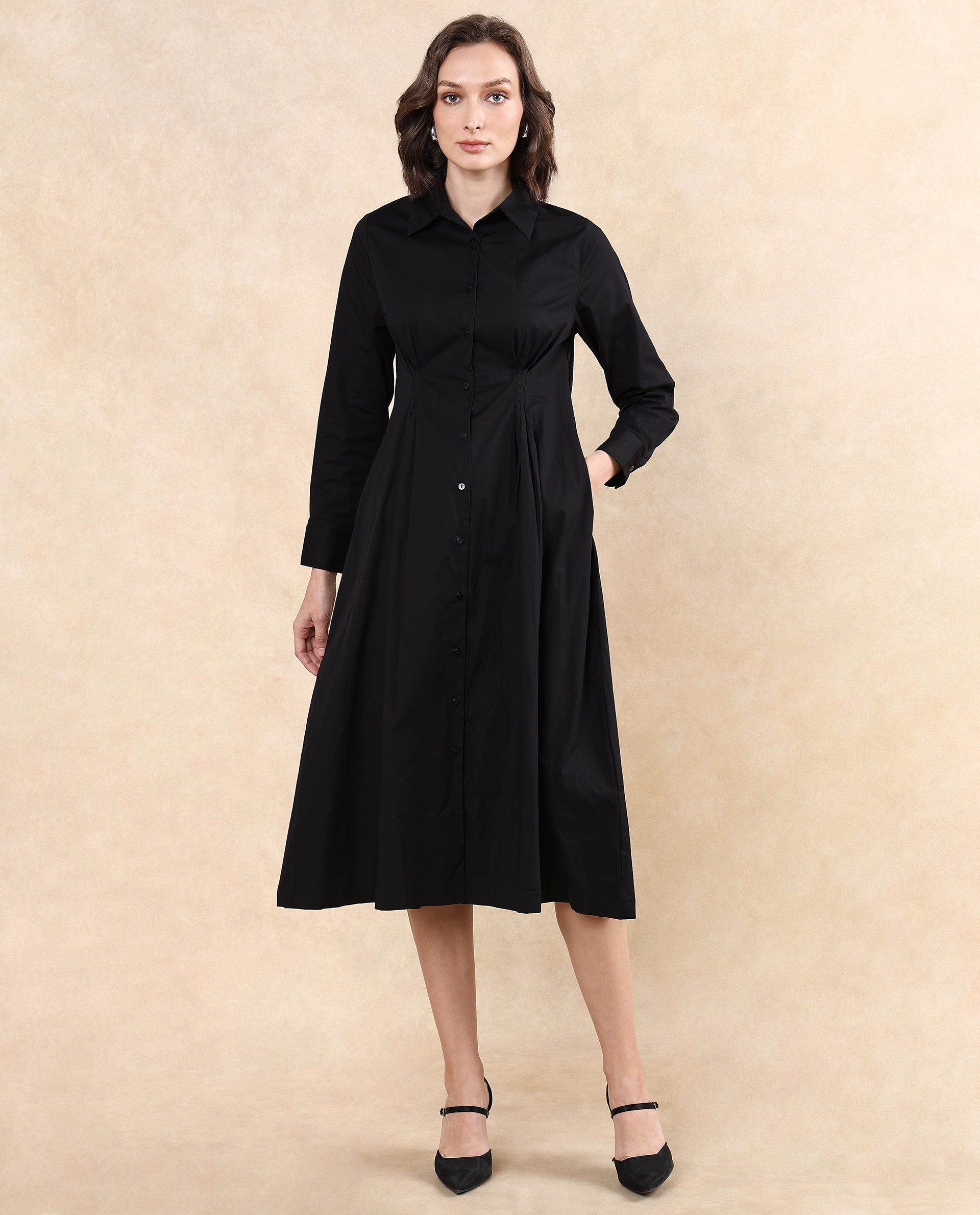 Rareism Women Libz Black Cotton Fabric Cuffed Sleeve Collared Neck Button Closure Fit And Flare Midi Plain Dress