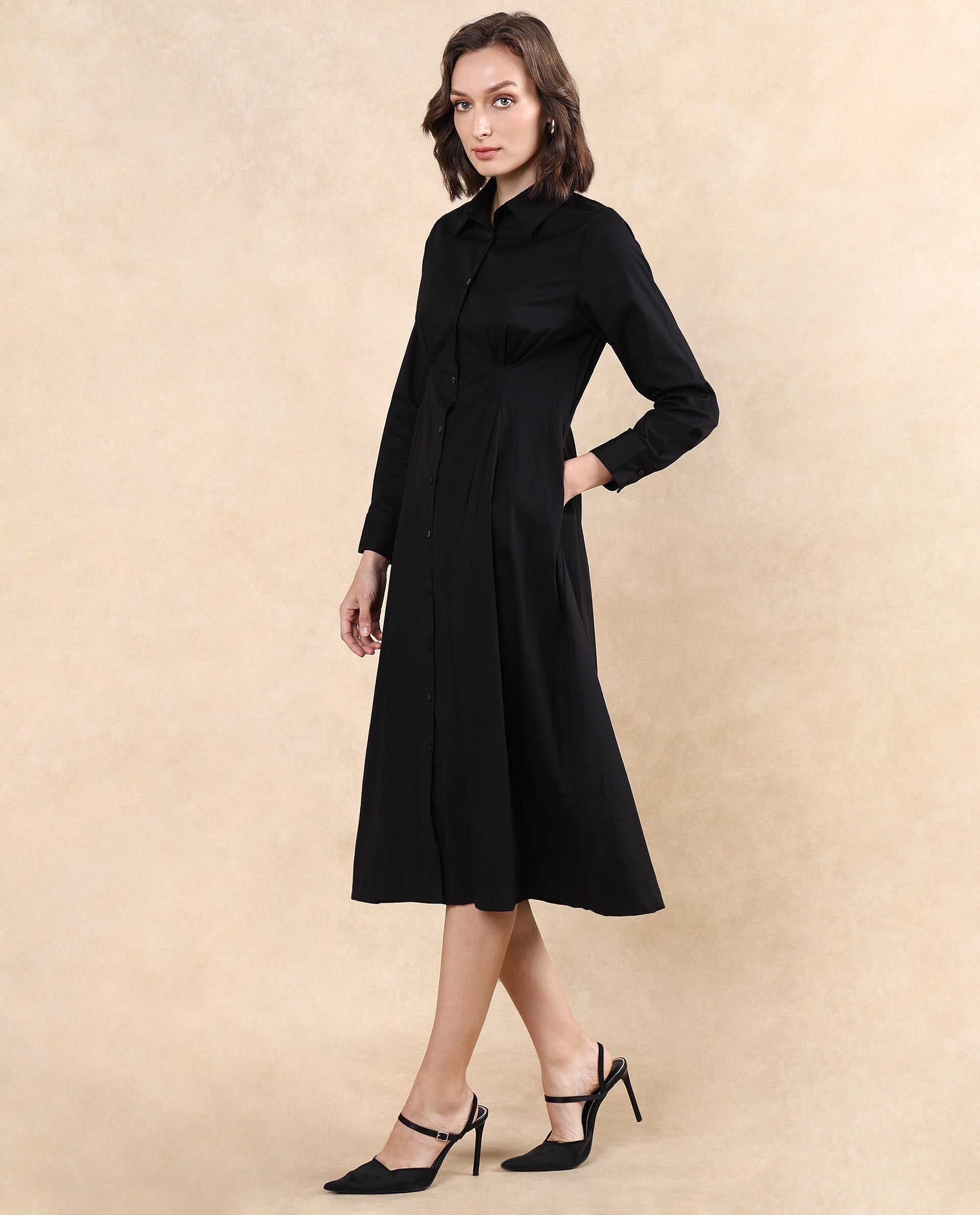 Rareism Women Libz Black Cotton Fabric Cuffed Sleeve Collared Neck Button Closure Fit And Flare Midi Plain Dress