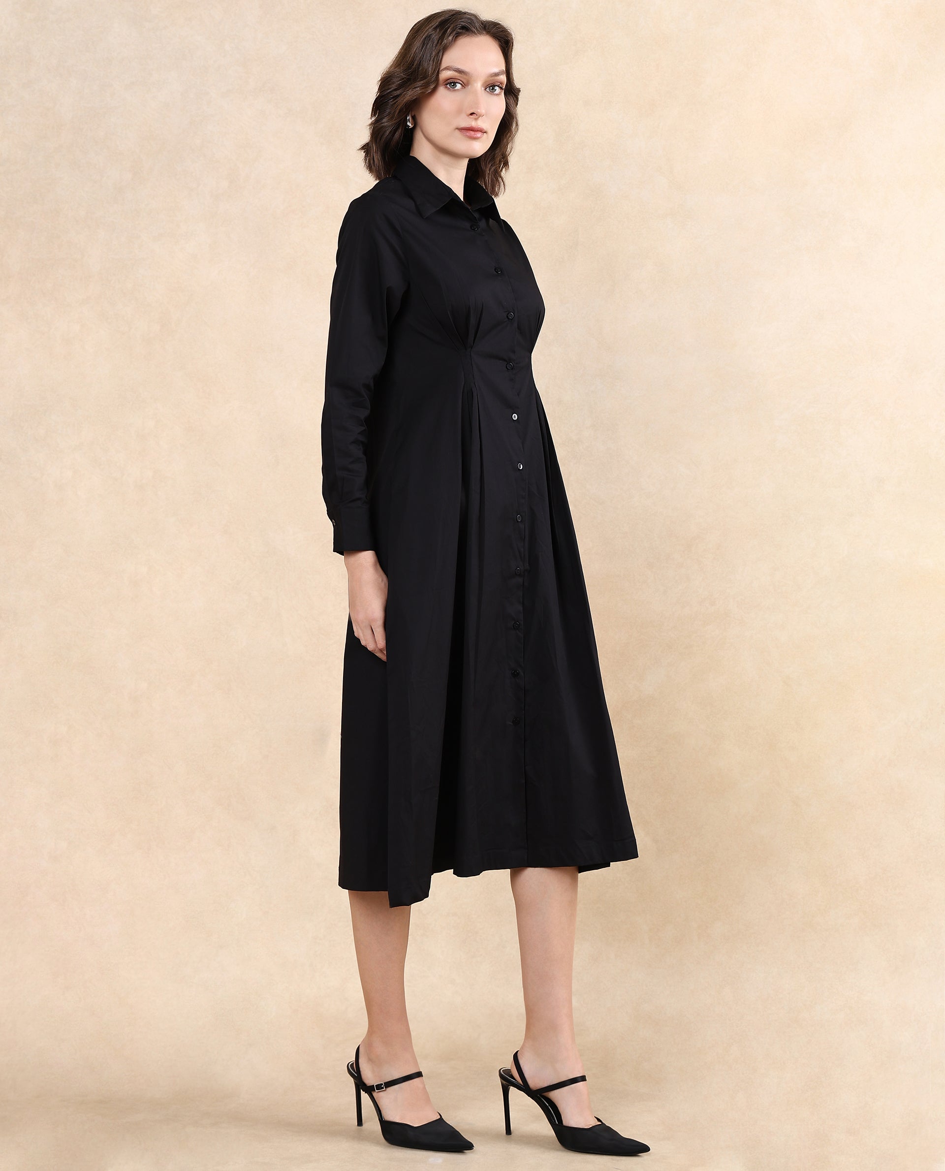 Rareism Women Libz Black Cotton Fabric Cuffed Sleeve Collared Neck Button Closure Fit And Flare Midi Plain Dress