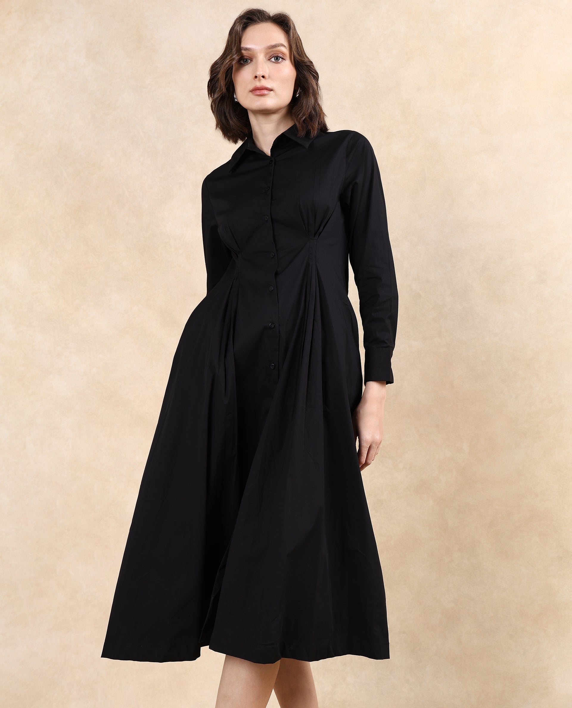 Rareism Women Libz Black Cotton Fabric Cuffed Sleeve Collared Neck Button Closure Fit And Flare Midi Plain Dress