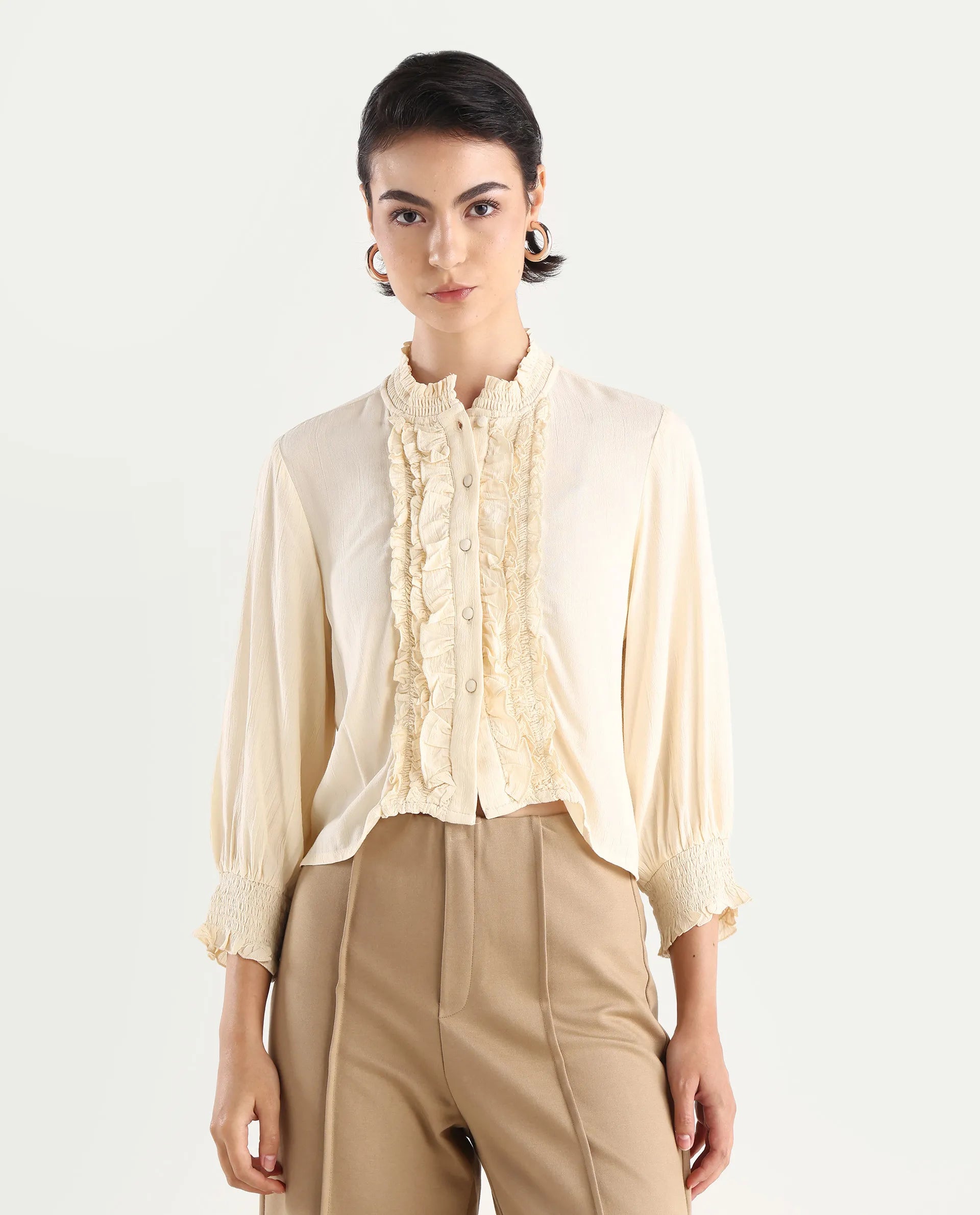 Rareism Women's Licel Off White Rayon Mandarin Collar Plain Regular Fit Top