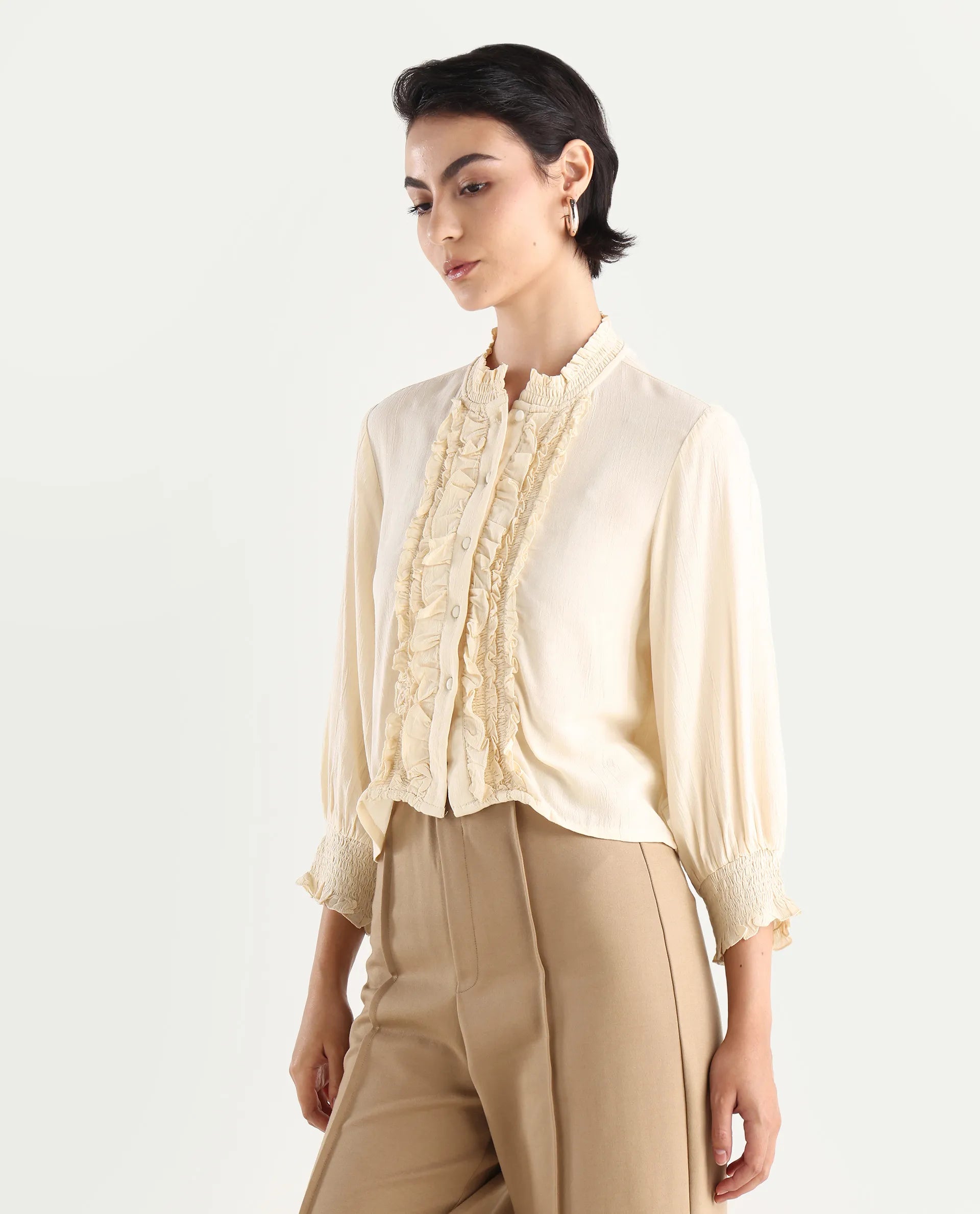 Rareism Women's Licel Off White Rayon Mandarin Collar Plain Regular Fit Top