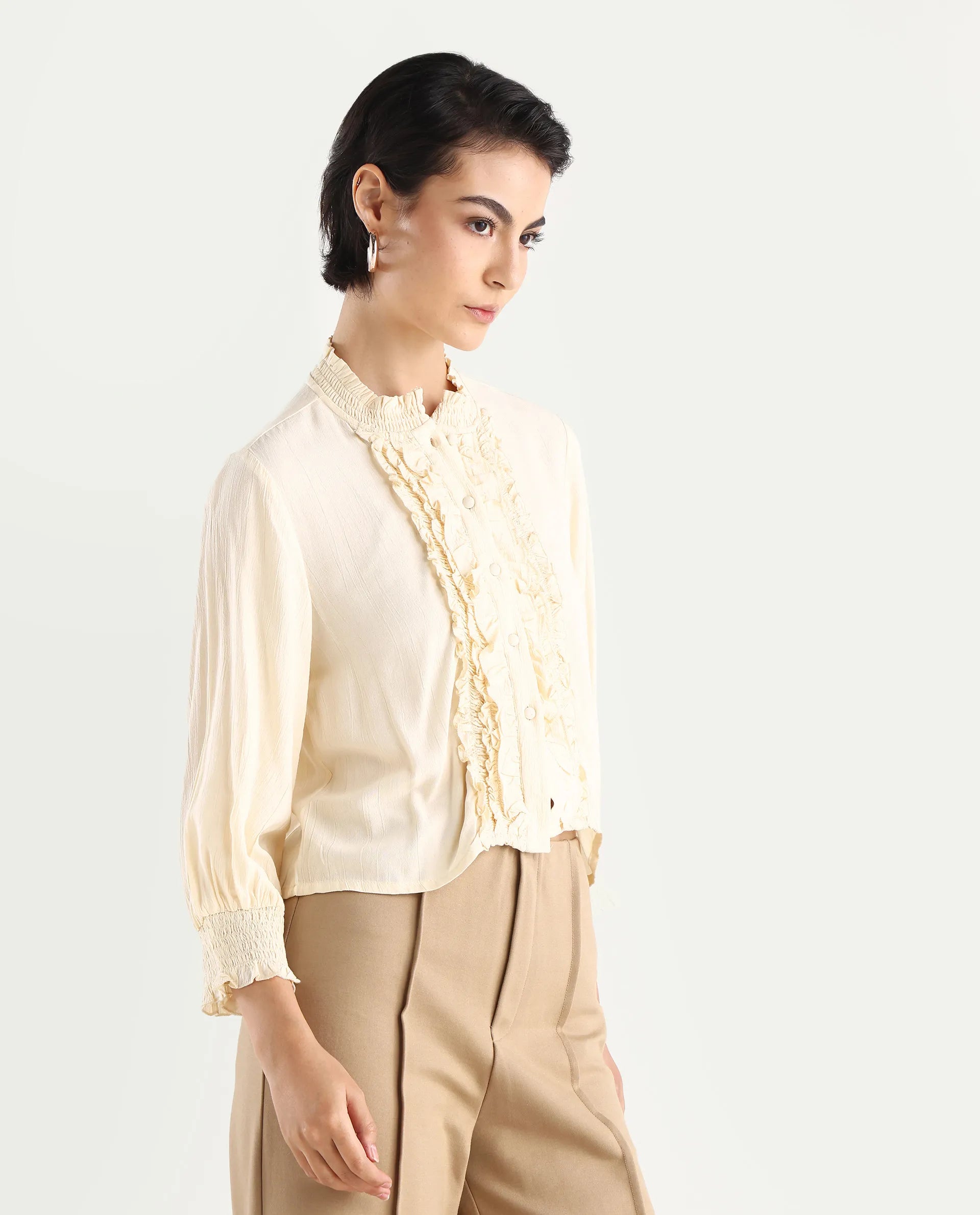 Rareism Women's Licel Off White Rayon Mandarin Collar Plain Regular Fit Top