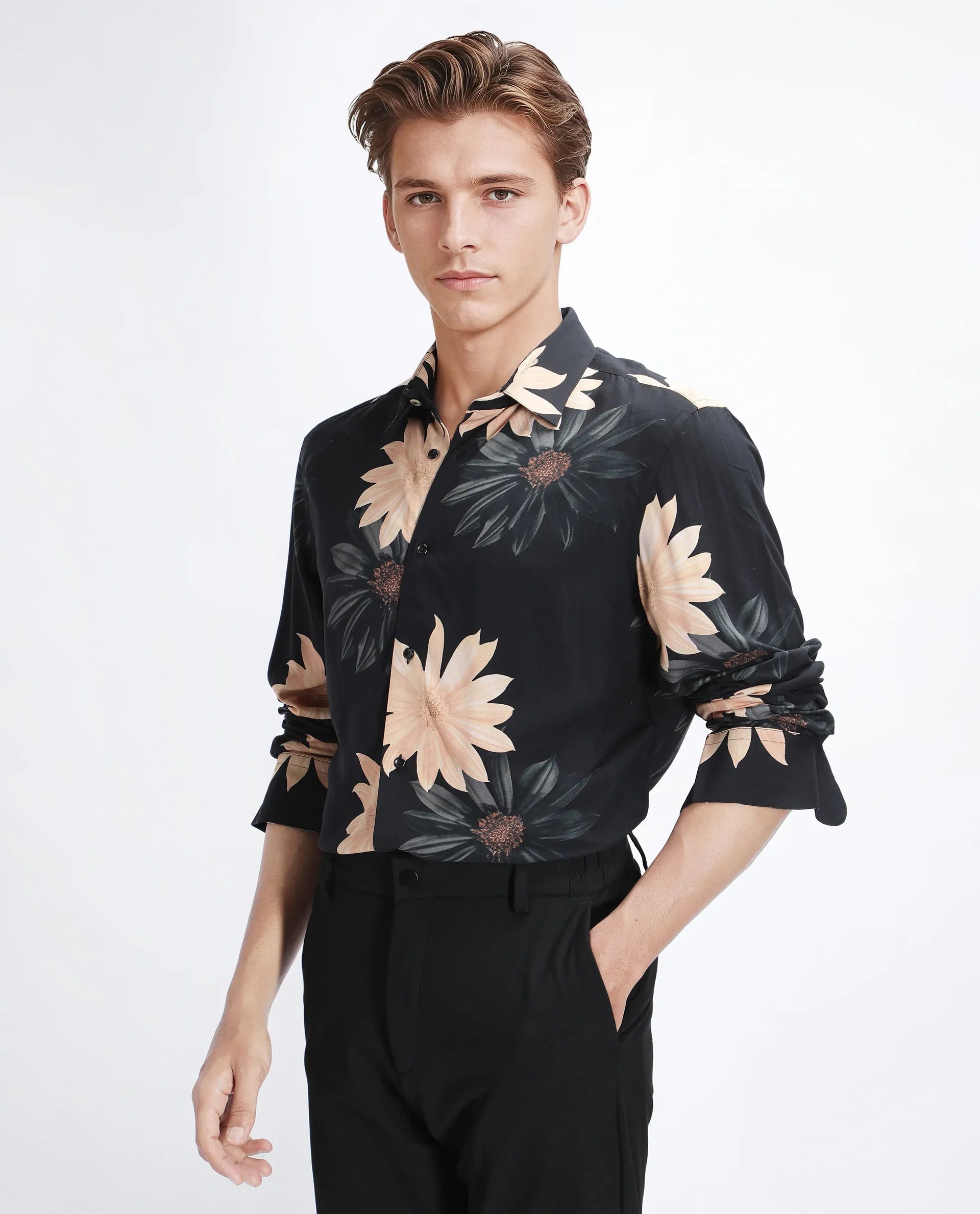Rare Rabbit Men's Lich Black Viscose Floral Print Regular Fit Full Sleeve Collared Shirt