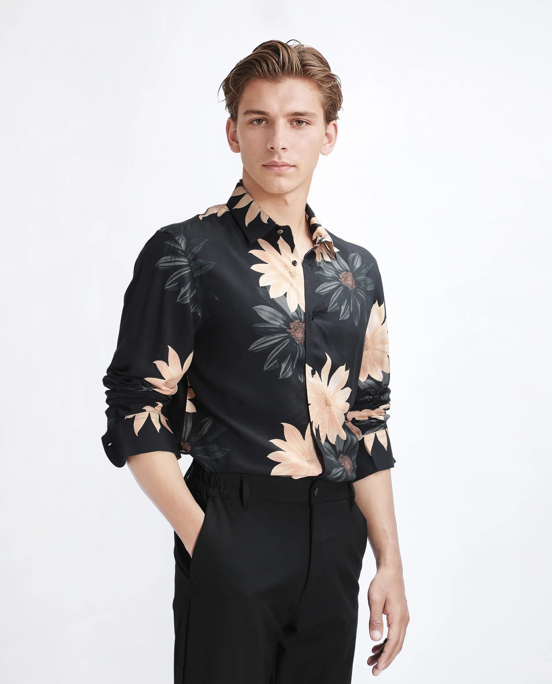 Rare Rabbit Men's Lich Black Viscose Floral Print Regular Fit Full Sleeve Collared Shirt