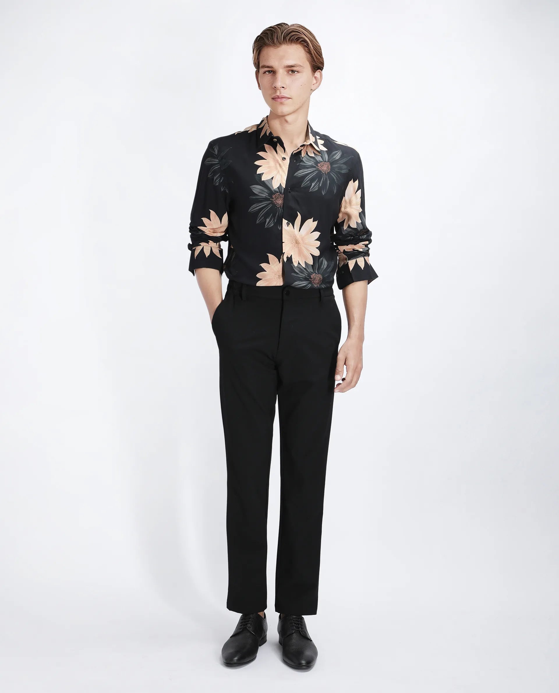 Rare Rabbit Men's Lich Black Viscose Floral Print Regular Fit Full Sleeve Collared Shirt