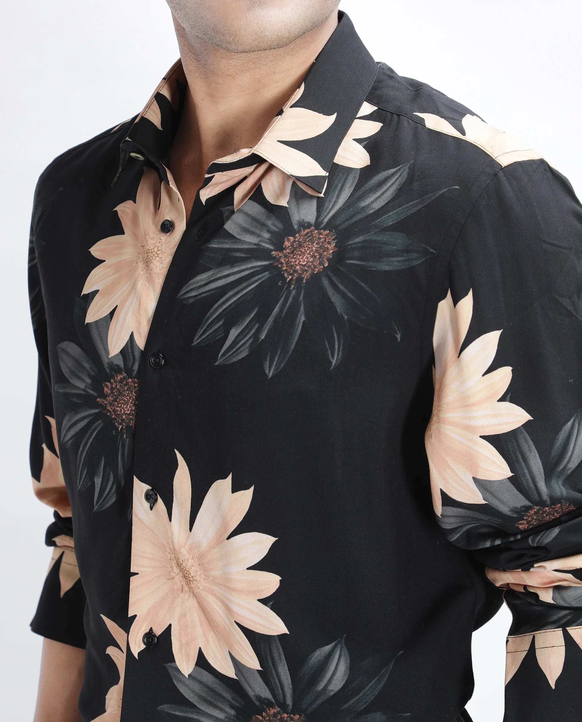 Rare Rabbit Men's Lich Black Viscose Floral Print Regular Fit Full Sleeve Collared Shirt