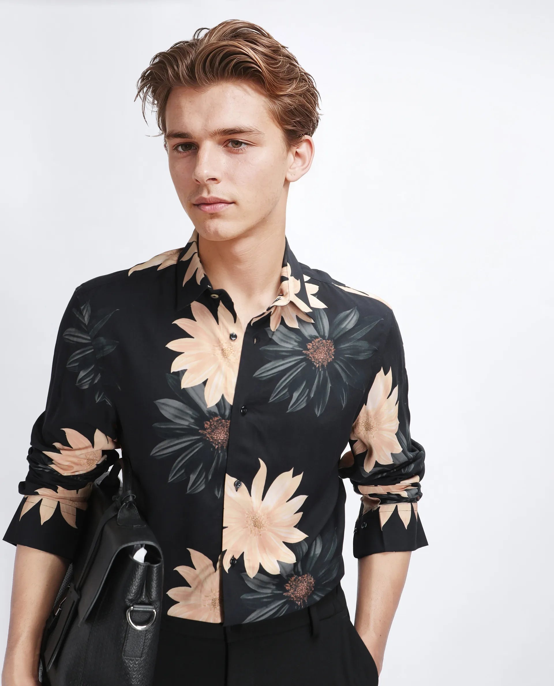 Rare Rabbit Men's Lich Black Viscose Floral Print Regular Fit Full Sleeve Collared Shirt