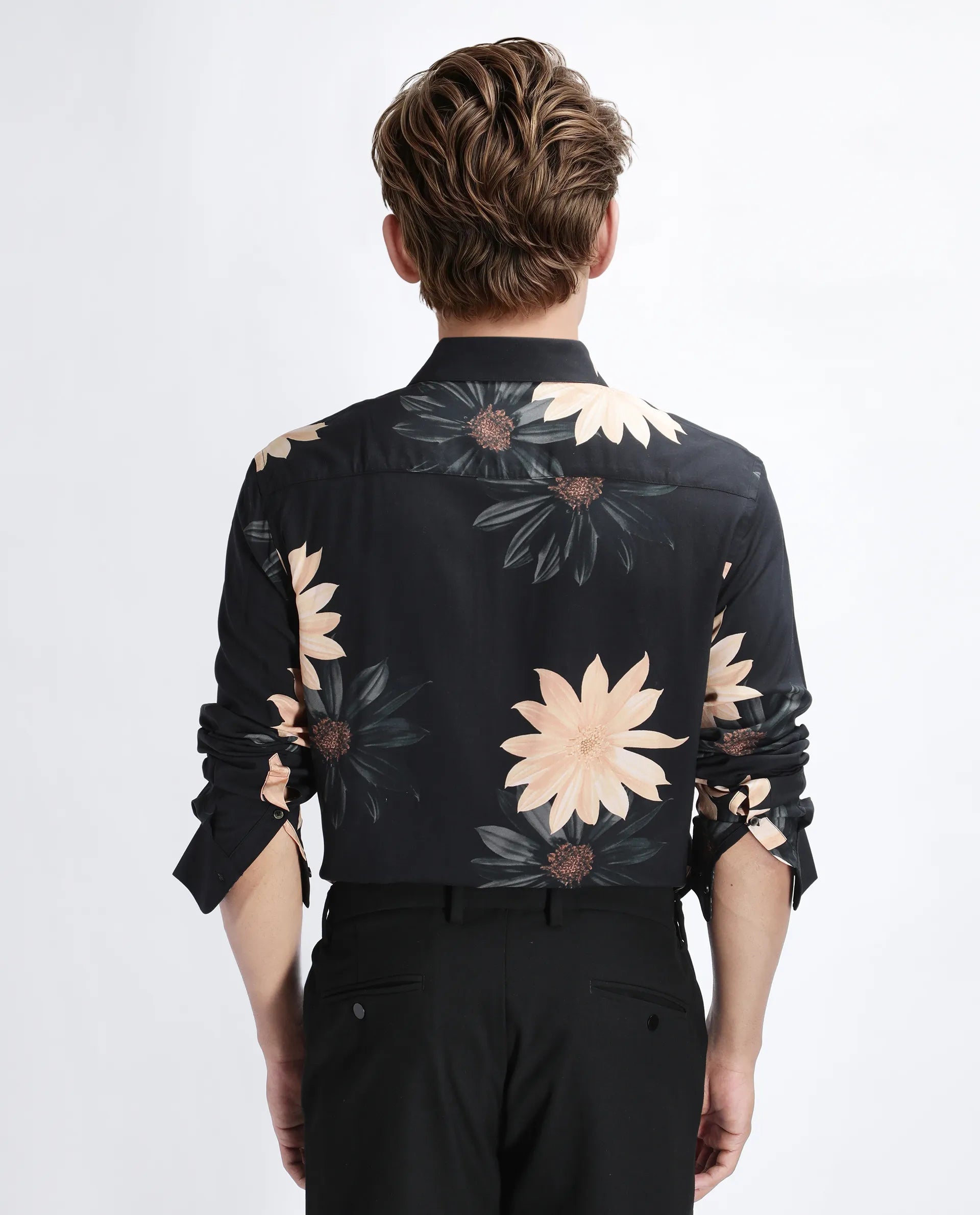 Rare Rabbit Men's Lich Black Viscose Floral Print Regular Fit Full Sleeve Collared Shirt