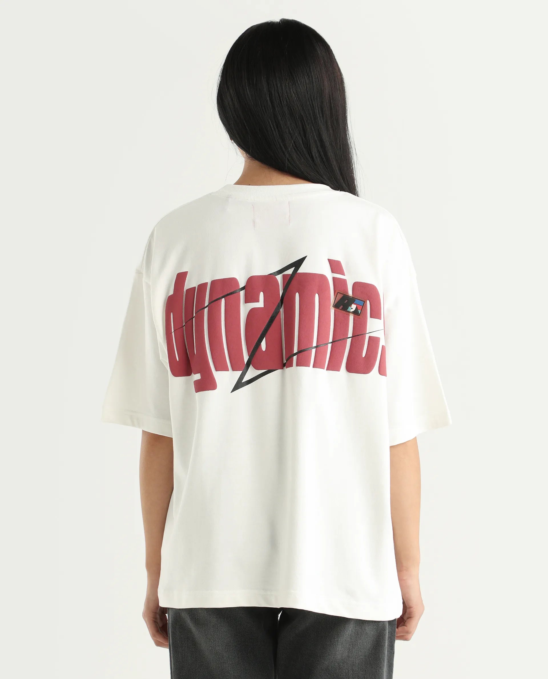 Rareism Women's Liche Off White Cotton Graphic Print Oversized T-Shirt