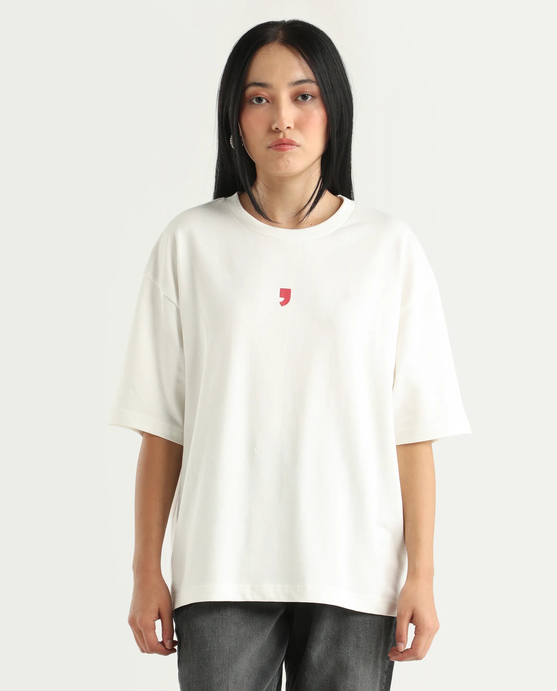 Rareism Women's Liche Off White Cotton Graphic Print Oversized T-Shirt