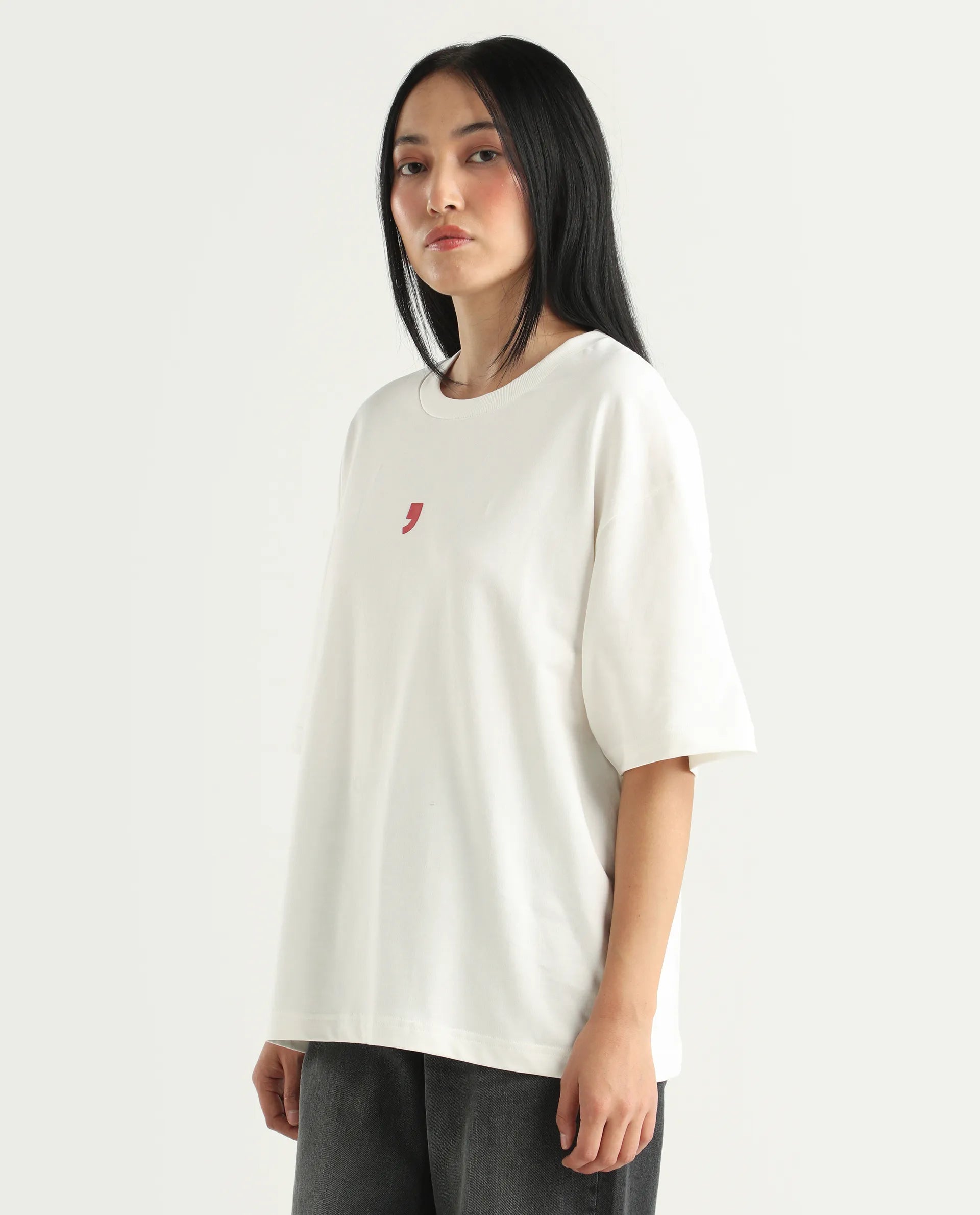 Rareism Women's Liche Off White Cotton Graphic Print Oversized T-Shirt