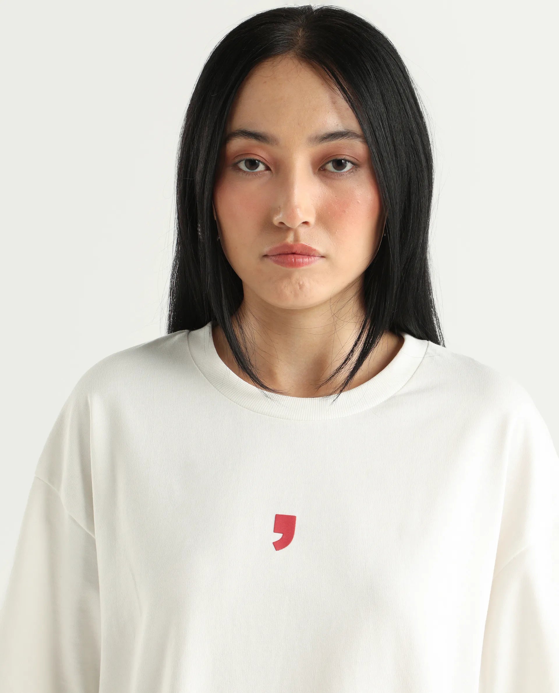 Rareism Women's Liche Off White Cotton Graphic Print Oversized T-Shirt