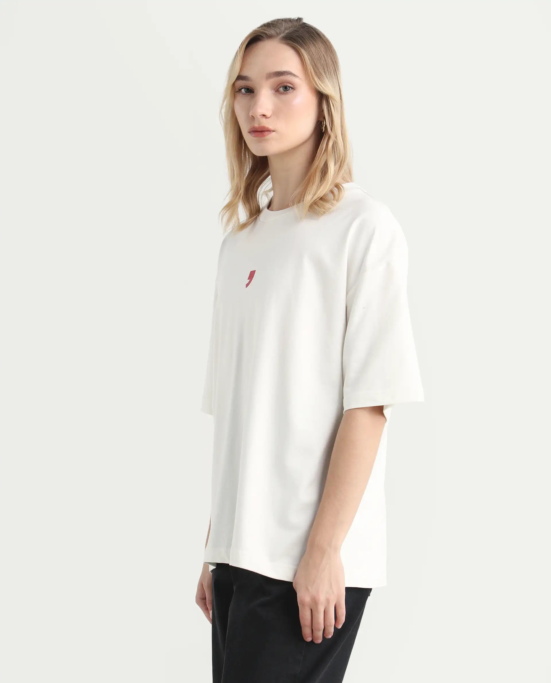 Rareism Women's Liche Off White Cotton Graphic Print Oversized T-Shirt