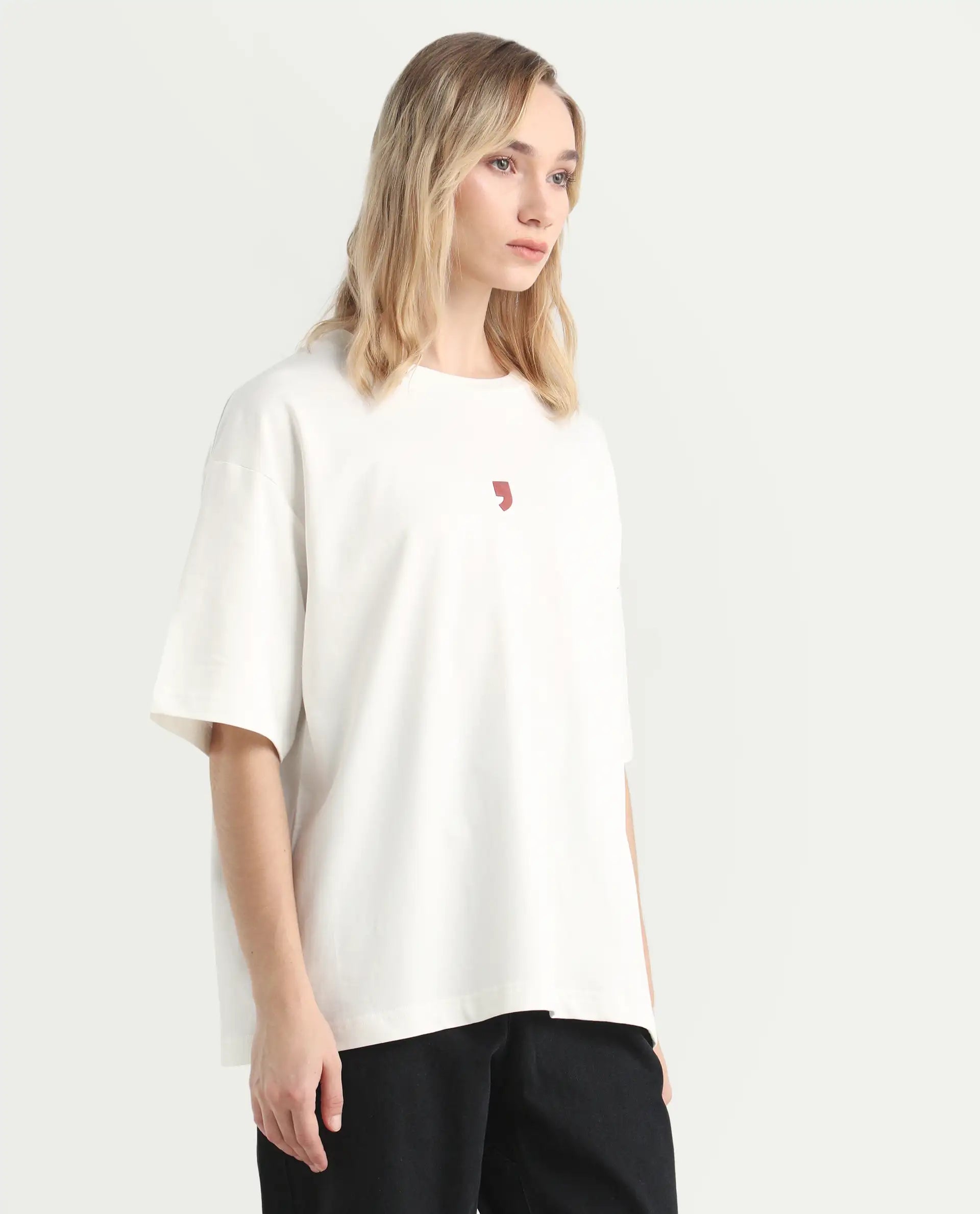 Rareism Women's Liche Off White Cotton Graphic Print Oversized T-Shirt